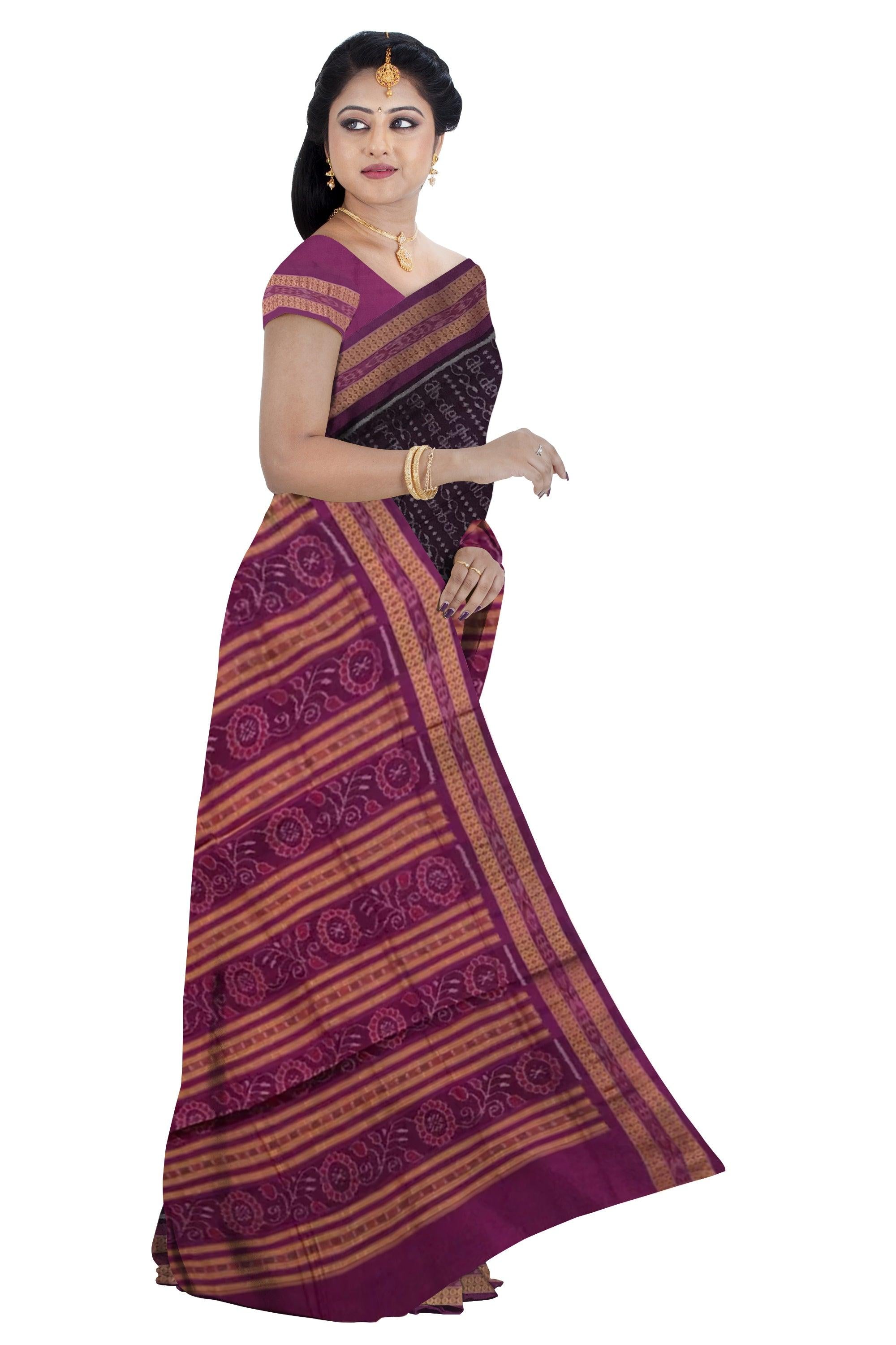 DIFFERENT LETTER PATTERN SAMBALPURI COTTON SAREE IS BLACK AND DEEPPINK COLOR BASE, COMES WITH MATCHING BLOUSE PIECE. - Koshali Arts & Crafts Enterprise