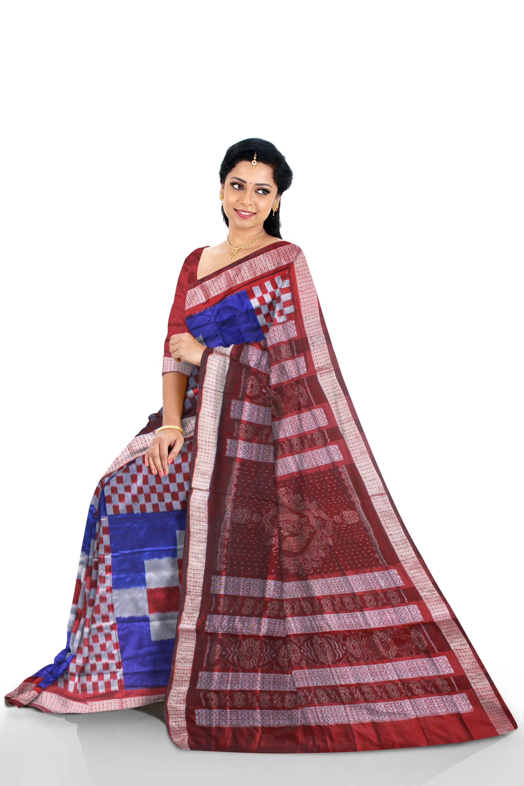 FULL BODY BIG PASAPALI PATTERN PATA SAREE IS PURPLE,SILVER AND MAROON COLOR BASE. ATTACHED WITH BLOUSE PIECE. - Koshali Arts & Crafts Enterprise