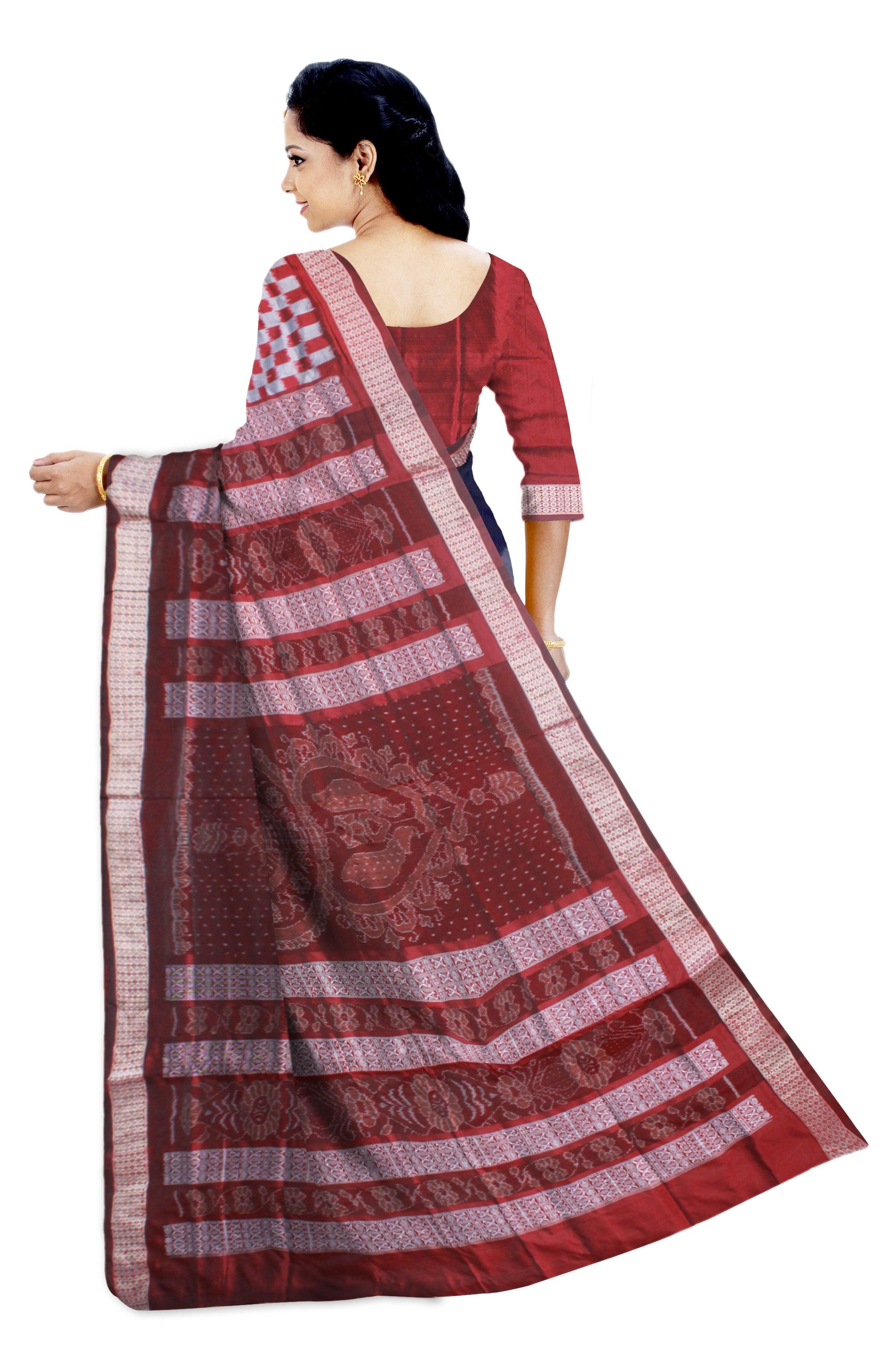 FULL BODY BIG PASAPALI PATTERN PATA SAREE IS PURPLE,SILVER AND MAROON COLOR BASE. ATTACHED WITH BLOUSE PIECE. - Koshali Arts & Crafts Enterprise