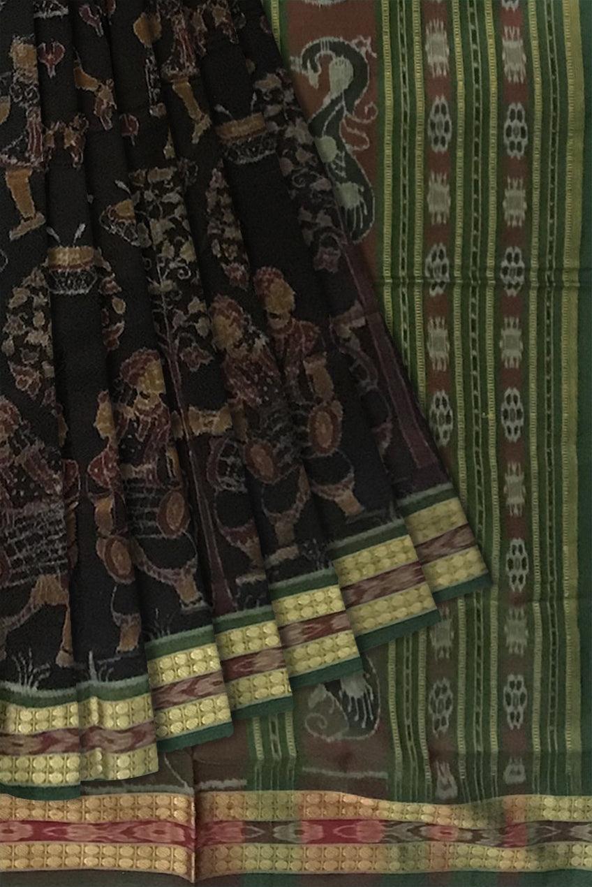 TRADITIONAL VILLAGE WITH NARTAKI AND MUSICALINSTRUMENT PATTERN SAMBALPURI COTTON SAREE IS BLACK AND  GREEN COLOR BASE, WITH MATCHING BLOUSE PIECE. - Koshali Arts & Crafts Enterprise