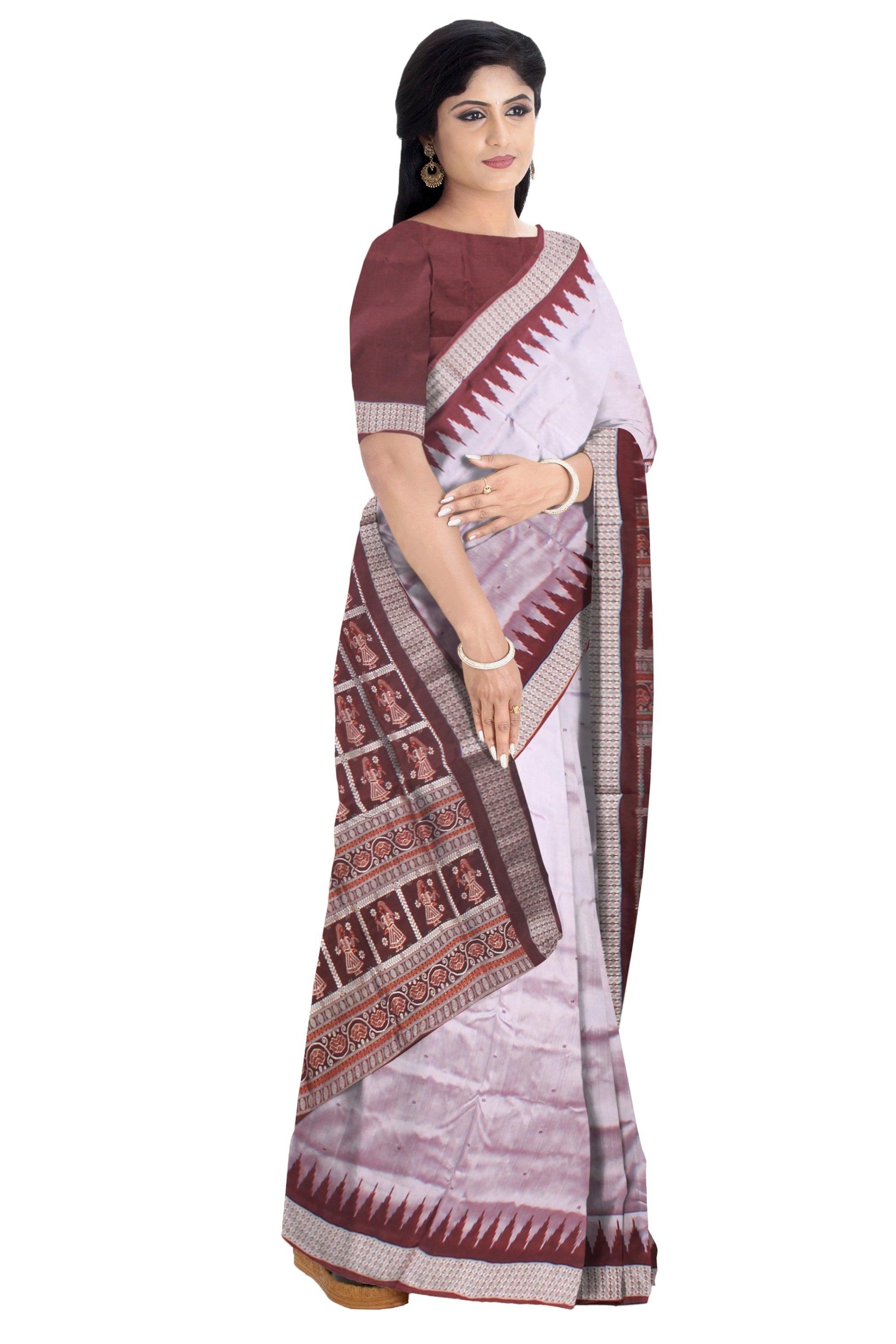 SMALL BOOTY PATTERN PATA SAREE IS SILVER AND COFFEE COLOR BASE, ATTACHED WITH BLOUSE PIECE. - Koshali Arts & Crafts Enterprise