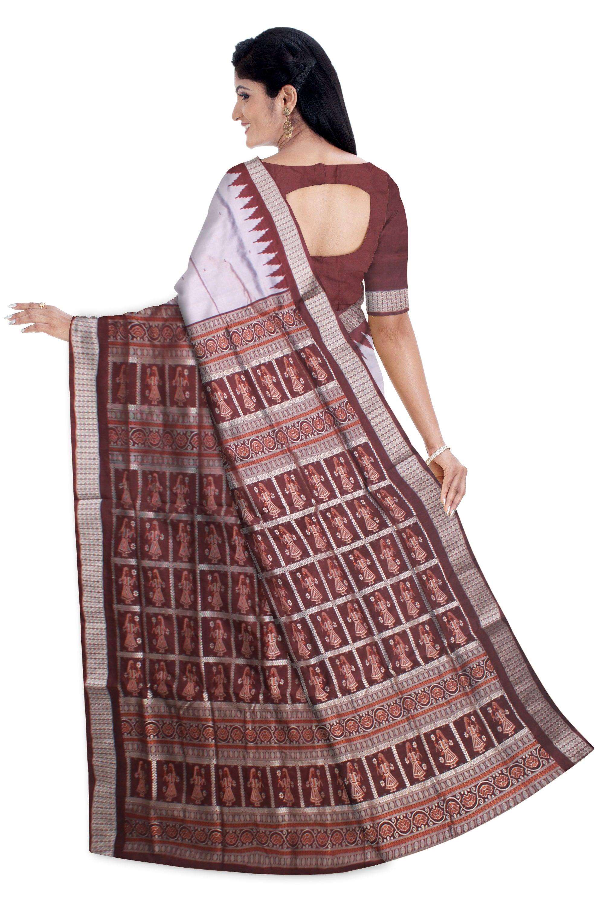SMALL BOOTY PATTERN PATA SAREE IS SILVER AND COFFEE COLOR BASE, ATTACHED WITH BLOUSE PIECE. - Koshali Arts & Crafts Enterprise