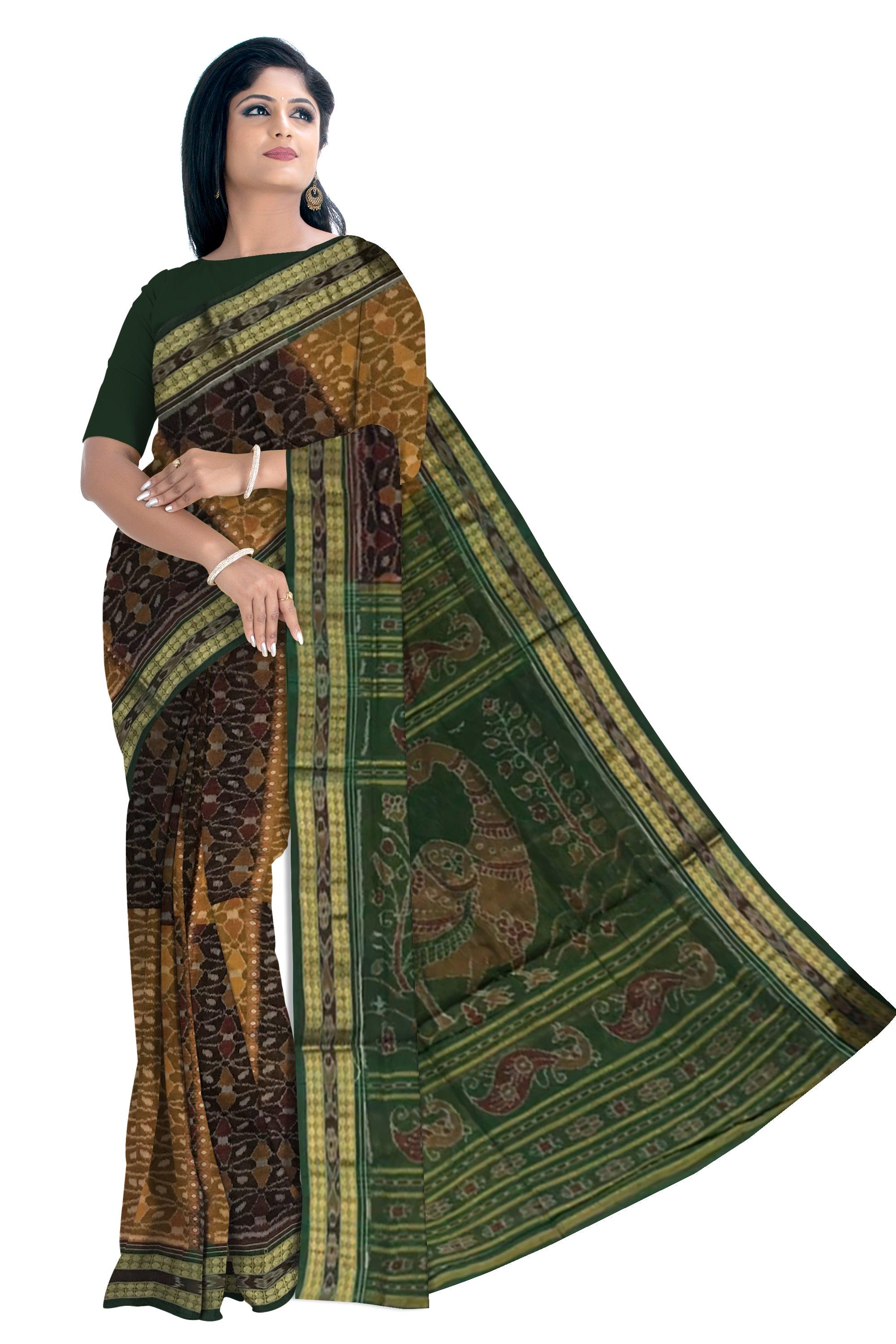 YELLOWGREEN  AND BLACK COLOR SAMBALPURI COTTON SAREE, COMES WITH BLOUSE PIECE. - Koshali Arts & Crafts Enterprise