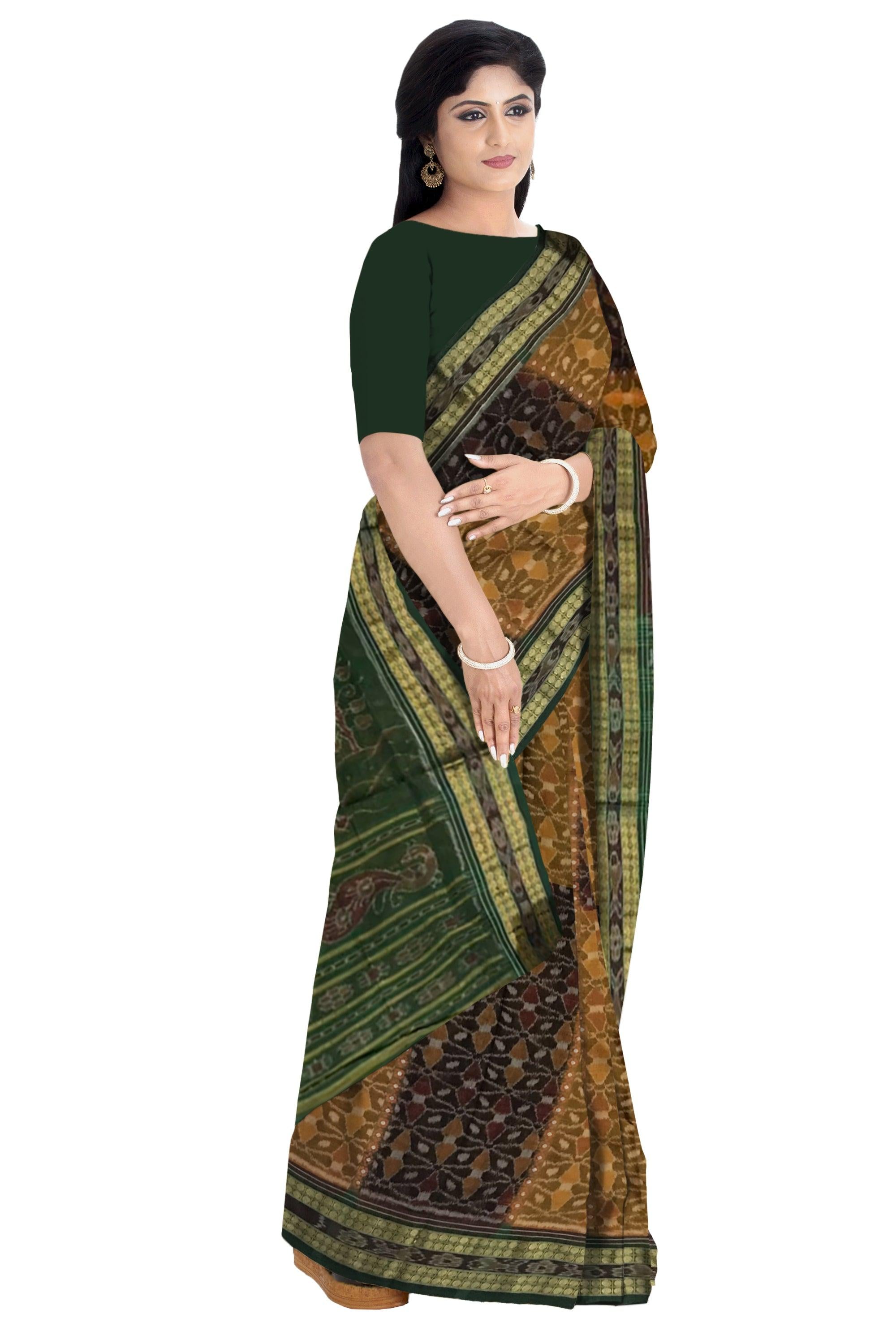 YELLOWGREEN  AND BLACK COLOR SAMBALPURI COTTON SAREE, COMES WITH BLOUSE PIECE. - Koshali Arts & Crafts Enterprise