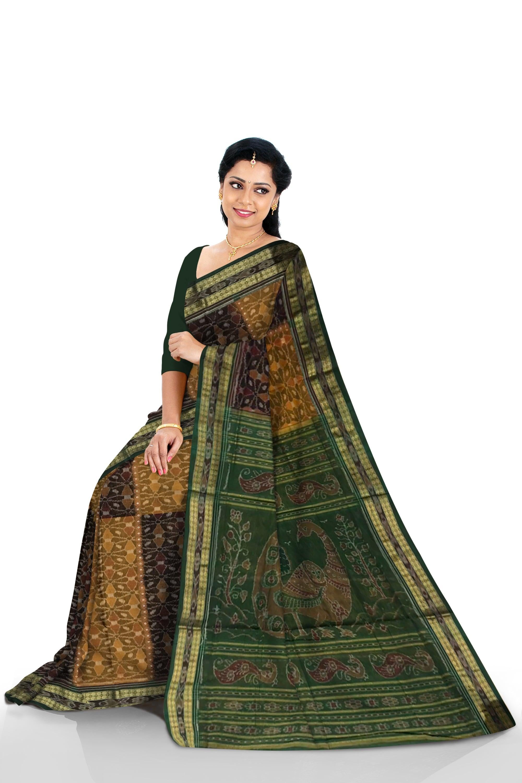 YELLOWGREEN  AND BLACK COLOR SAMBALPURI COTTON SAREE, COMES WITH BLOUSE PIECE. - Koshali Arts & Crafts Enterprise