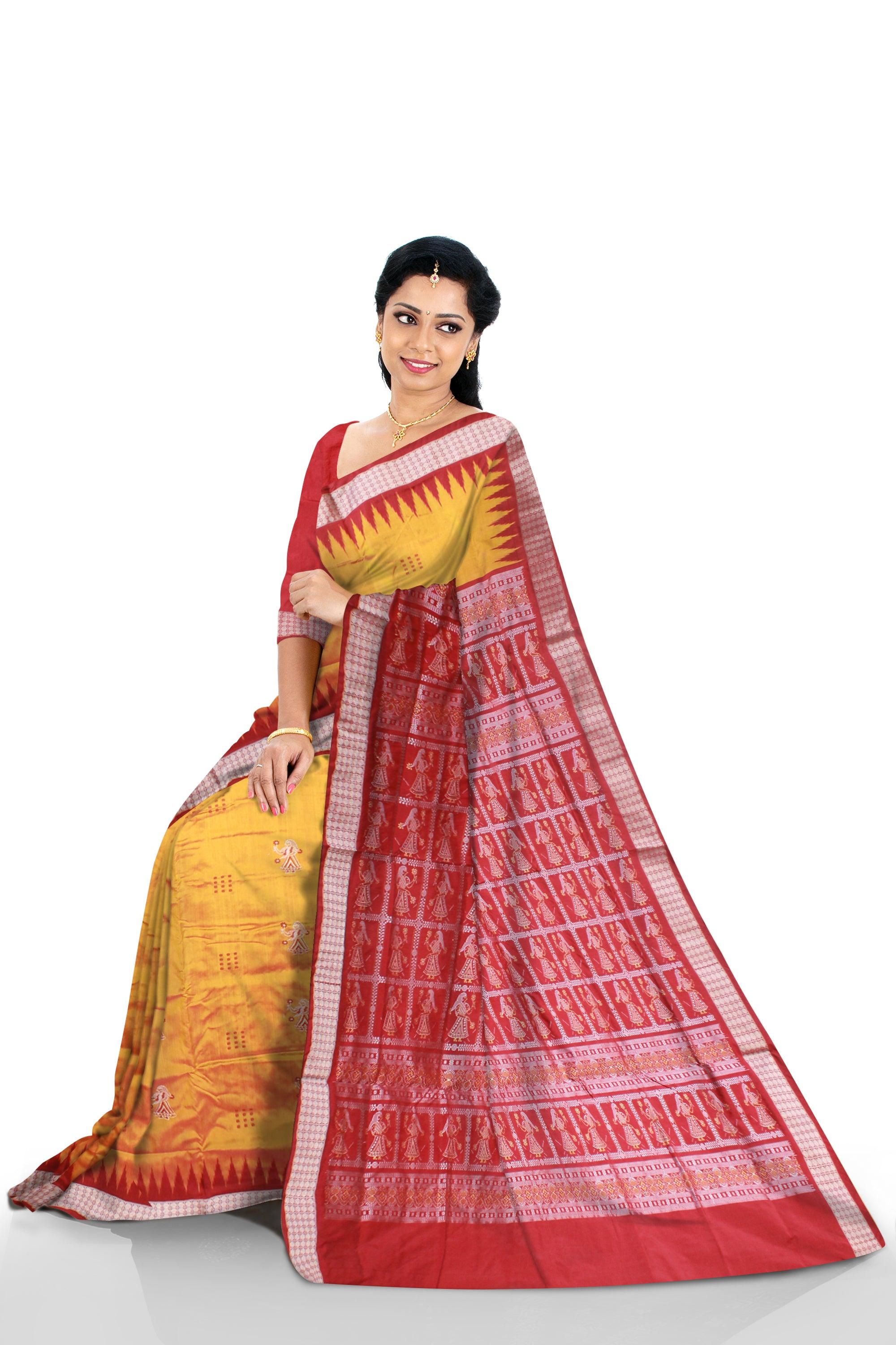 FULL BODY AND PALLU DOLL PRINT PATA SAREE IS YELLOW AND RED COLOR BASE, COMES WITH BLOUSE PIECE. - Koshali Arts & Crafts Enterprise
