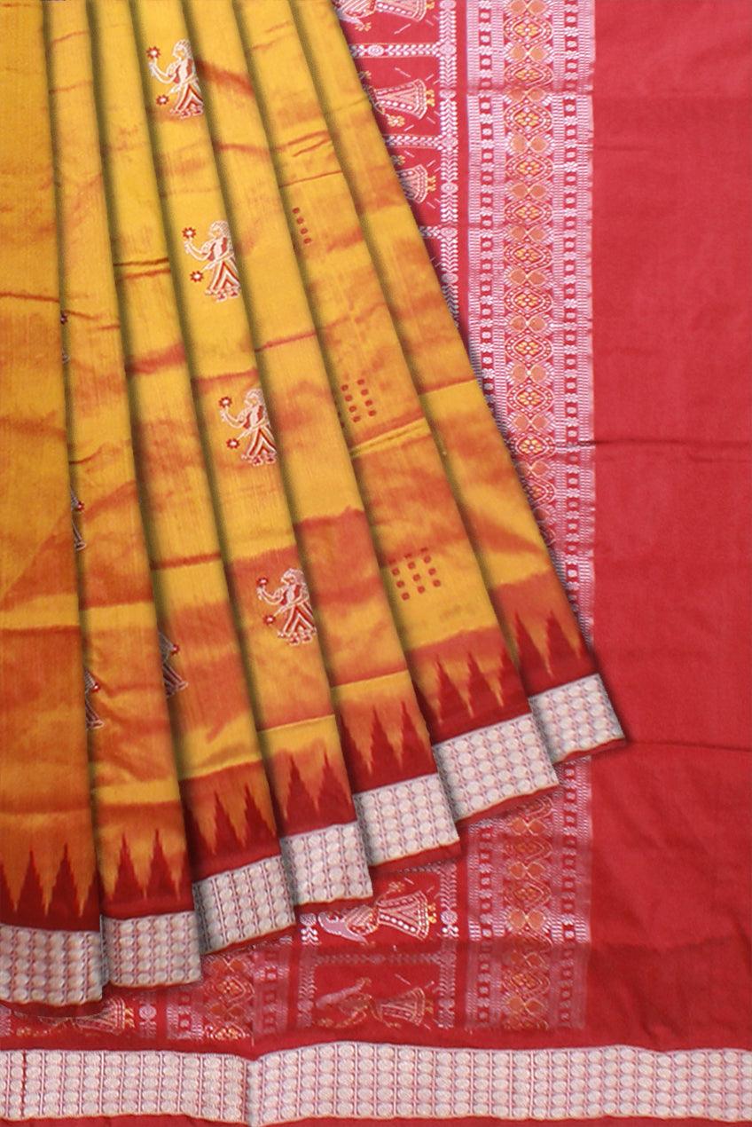 FULL BODY AND PALLU DOLL PRINT PATA SAREE IS YELLOW AND RED COLOR BASE, COMES WITH BLOUSE PIECE. - Koshali Arts & Crafts Enterprise