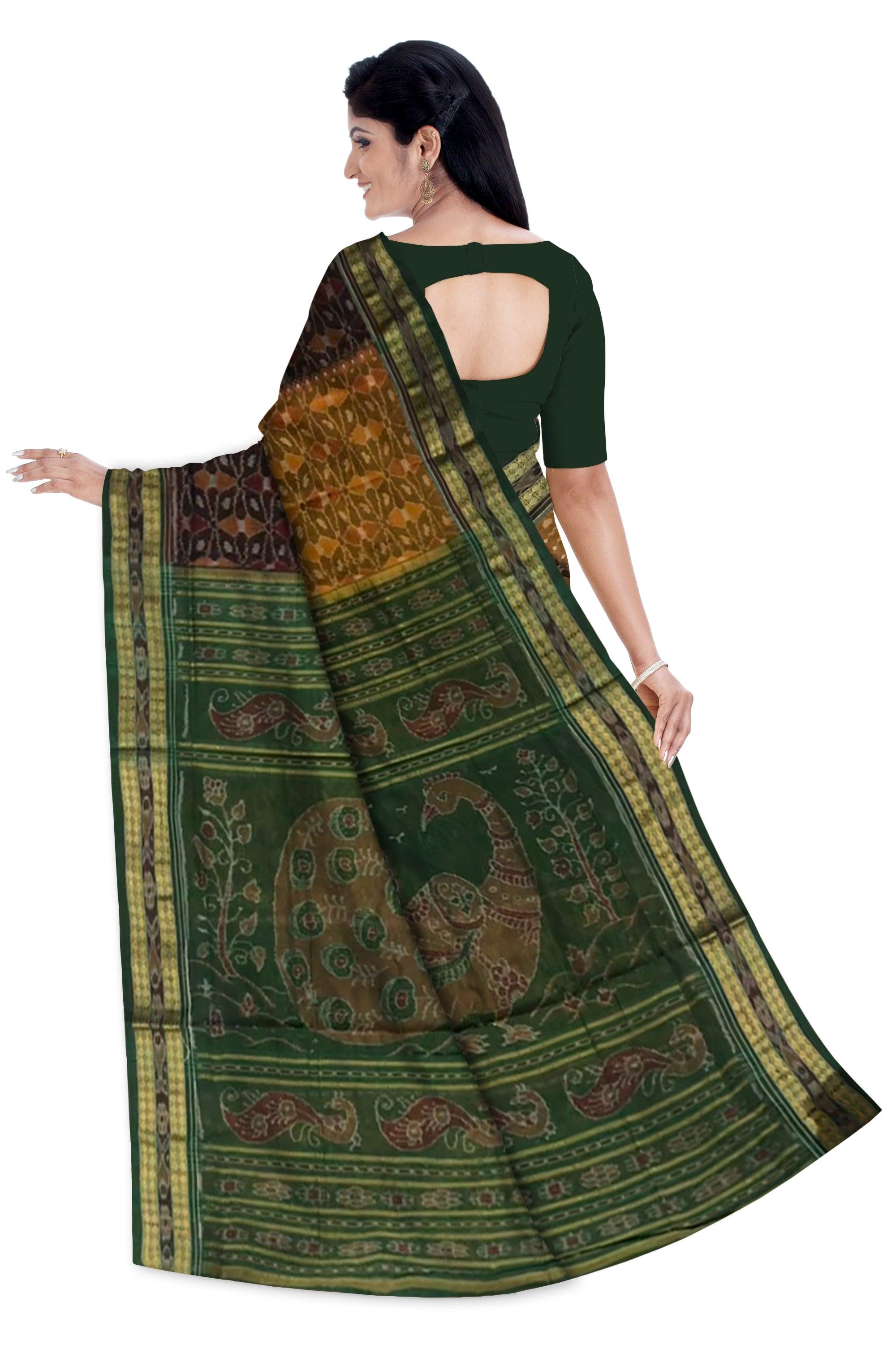 YELLOWGREEN  AND BLACK COLOR SAMBALPURI COTTON SAREE, COMES WITH BLOUSE PIECE. - Koshali Arts & Crafts Enterprise