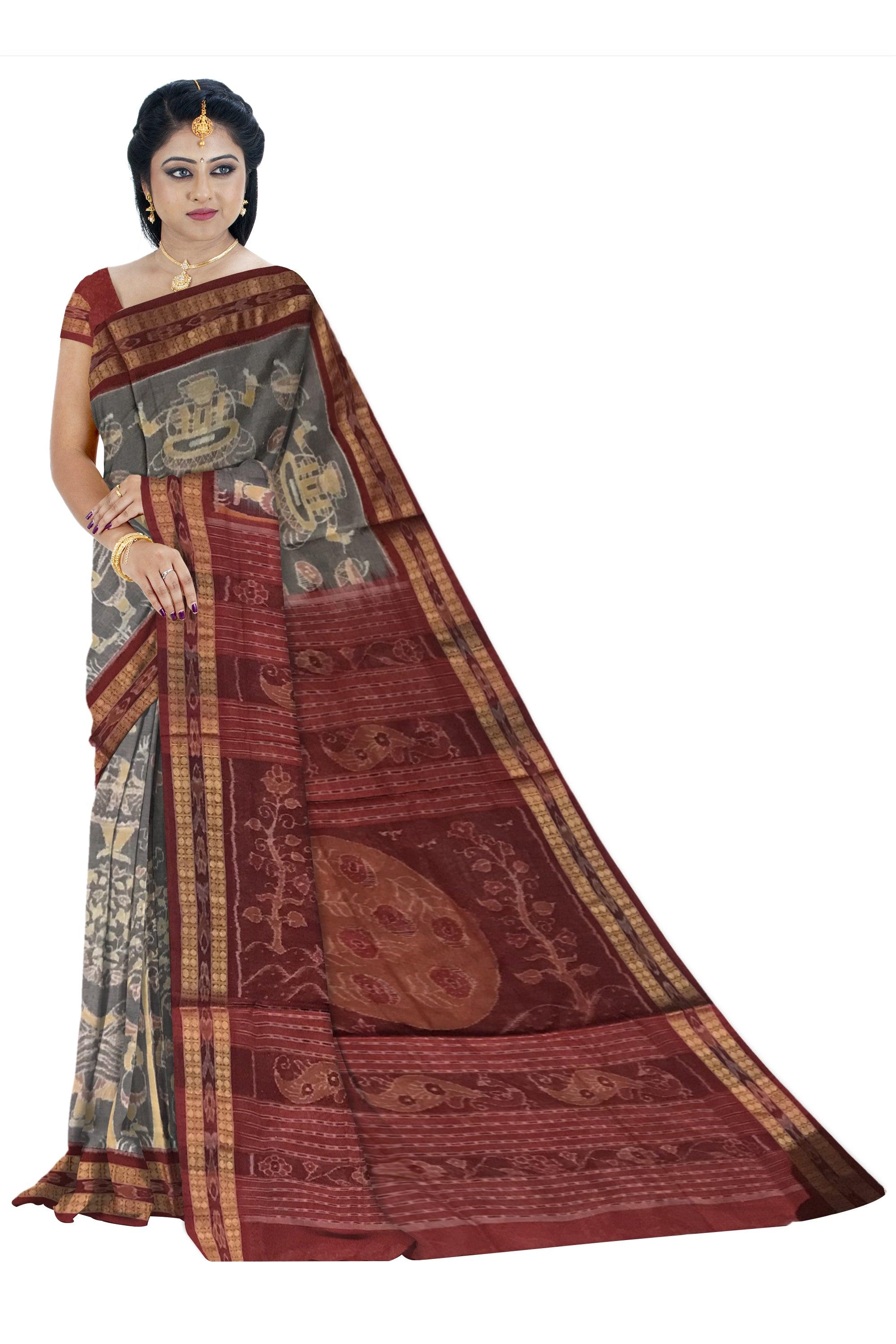 TRADITIONAL MUSICAL INSTRUMENT PATTERN SAMBALPURI COTTON SAREE IS PEACHPUFF AND MAROON COLOR BASE, COMES WITH BLOUS EPIECE. - Koshali Arts & Crafts Enterprise