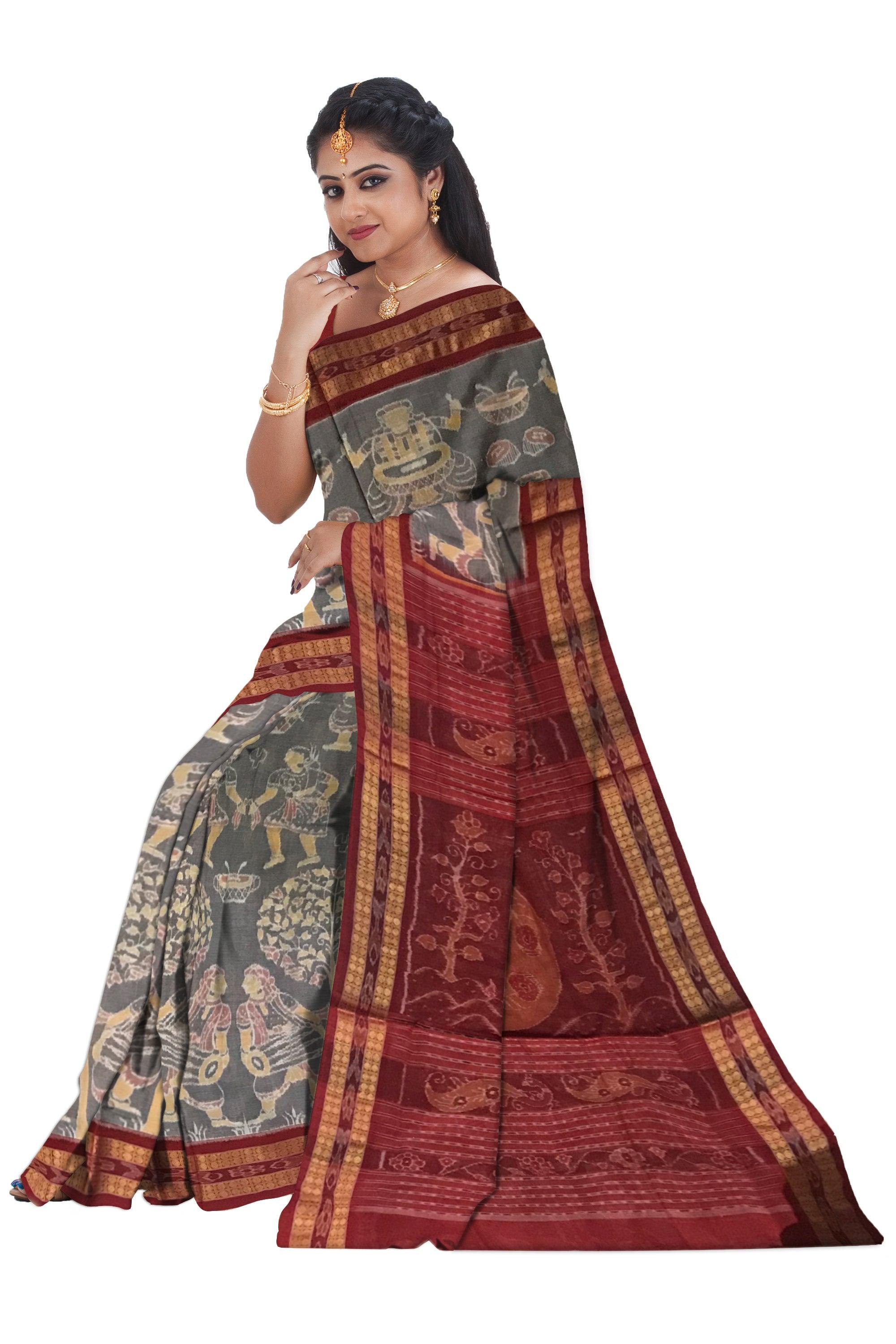 TRADITIONAL MUSICAL INSTRUMENT PATTERN SAMBALPURI COTTON SAREE IS PEACHPUFF AND MAROON COLOR BASE, COMES WITH BLOUS EPIECE. - Koshali Arts & Crafts Enterprise