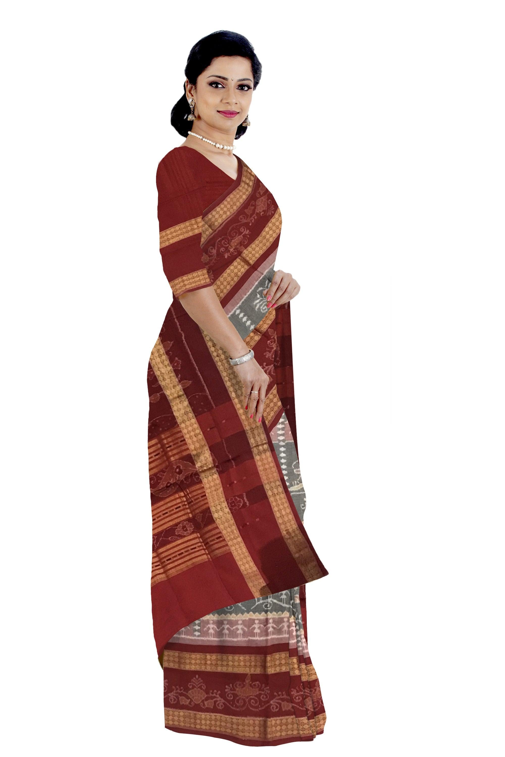 VILLAGE TERRACOTTA PATTERN SAMBALPURI COTTON SAREE IS PEACHPUFF WITH MAROON COLOR BASE, COMES EITH MATCHING BLOUSE PIECE. - Koshali Arts & Crafts Enterprise