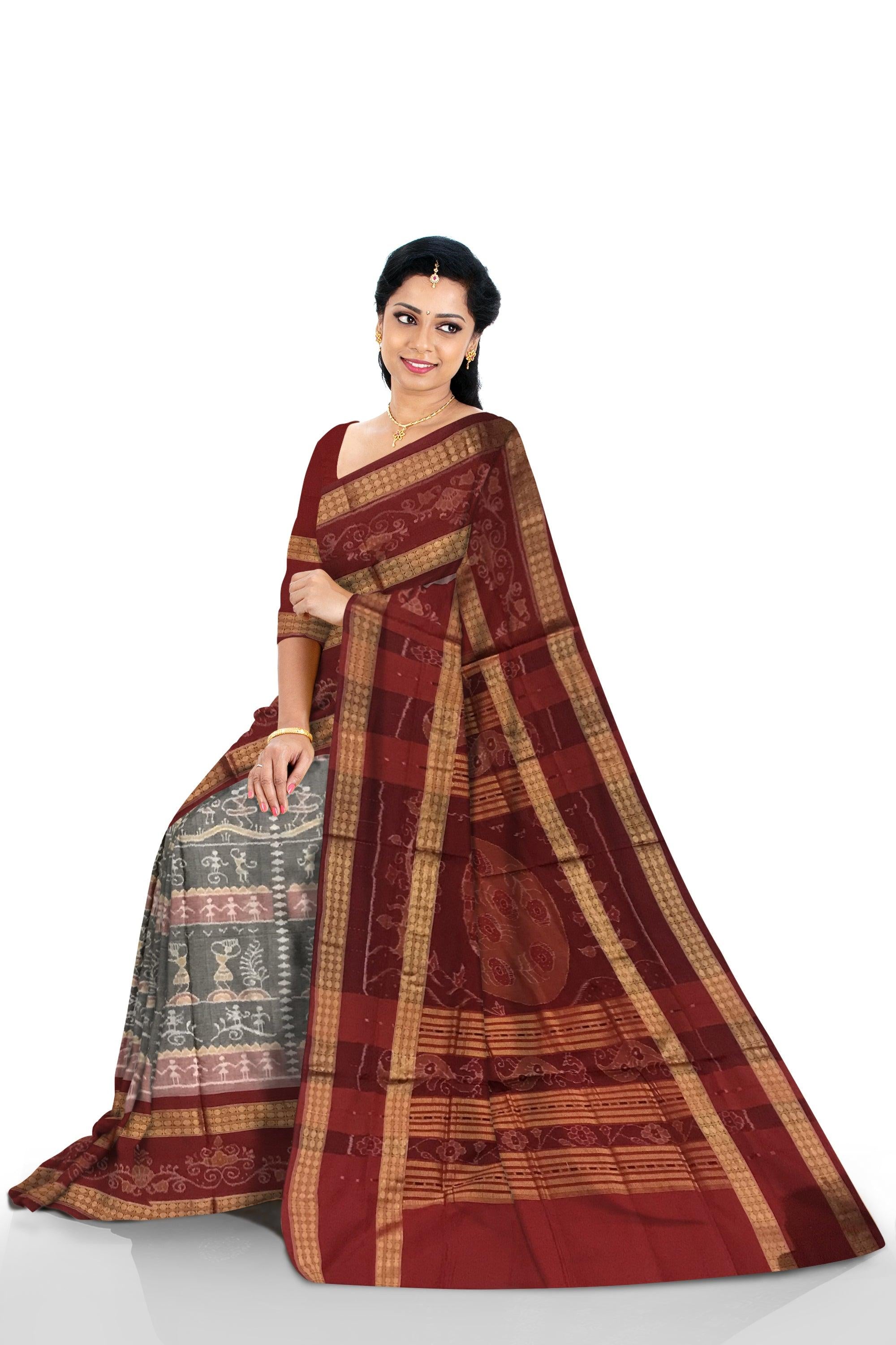VILLAGE TERRACOTTA PATTERN SAMBALPURI COTTON SAREE IS PEACHPUFF WITH MAROON COLOR BASE, COMES EITH MATCHING BLOUSE PIECE. - Koshali Arts & Crafts Enterprise