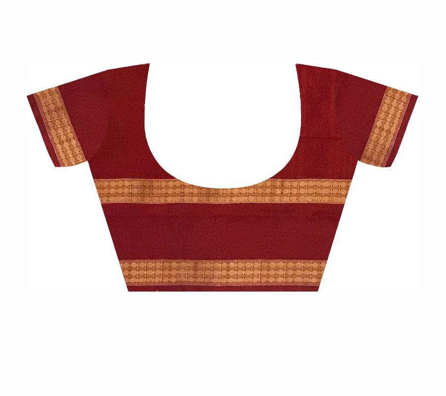 VILLAGE TERRACOTTA PATTERN SAMBALPURI COTTON SAREE IS PEACHPUFF WITH MAROON COLOR BASE, COMES EITH MATCHING BLOUSE PIECE. - Koshali Arts & Crafts Enterprise