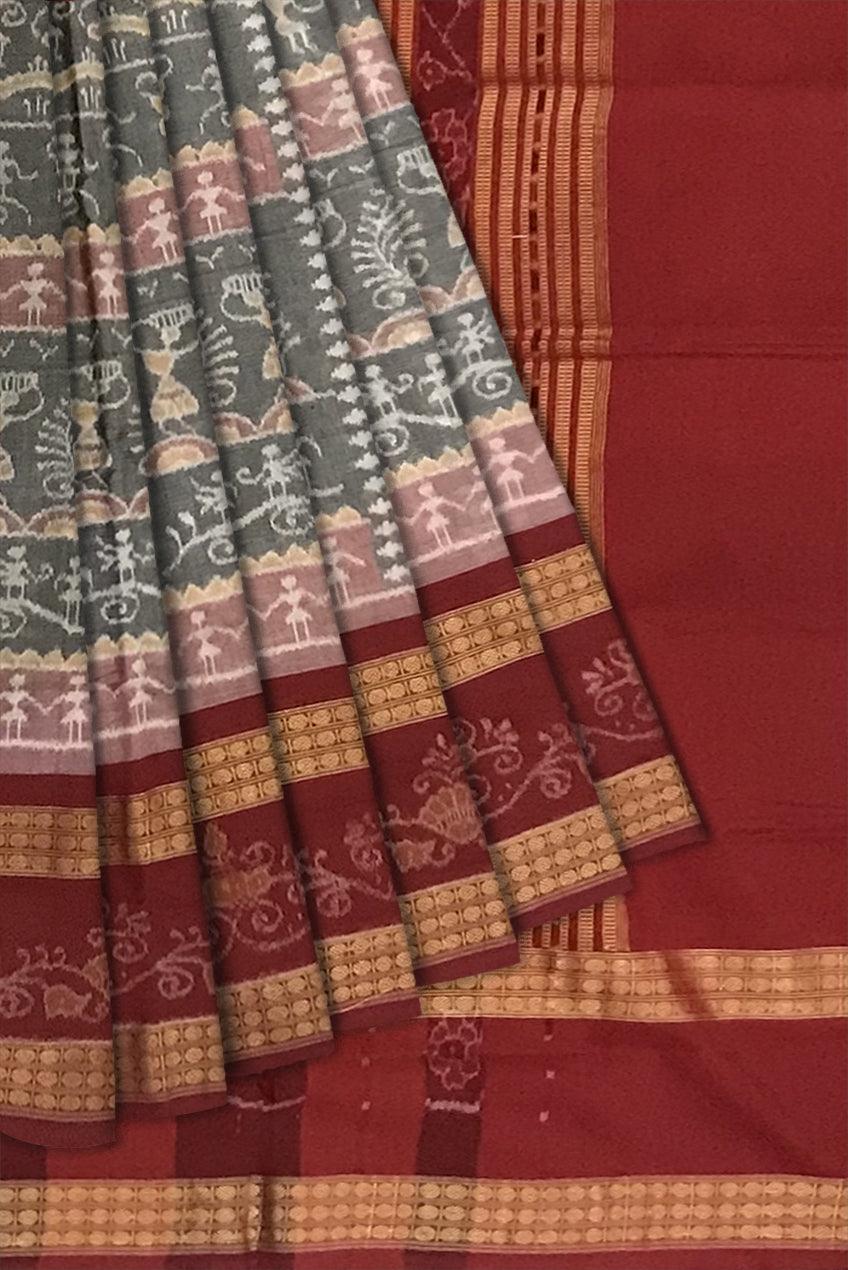 VILLAGE TERRACOTTA PATTERN SAMBALPURI COTTON SAREE IS PEACHPUFF WITH MAROON COLOR BASE, COMES EITH MATCHING BLOUSE PIECE. - Koshali Arts & Crafts Enterprise