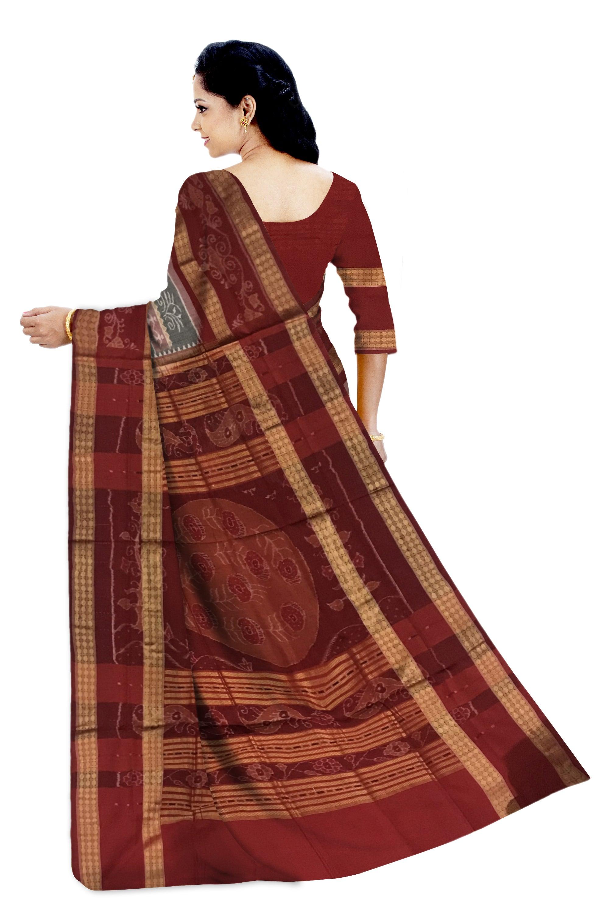 VILLAGE TERRACOTTA PATTERN SAMBALPURI COTTON SAREE IS PEACHPUFF WITH MAROON COLOR BASE, COMES EITH MATCHING BLOUSE PIECE. - Koshali Arts & Crafts Enterprise