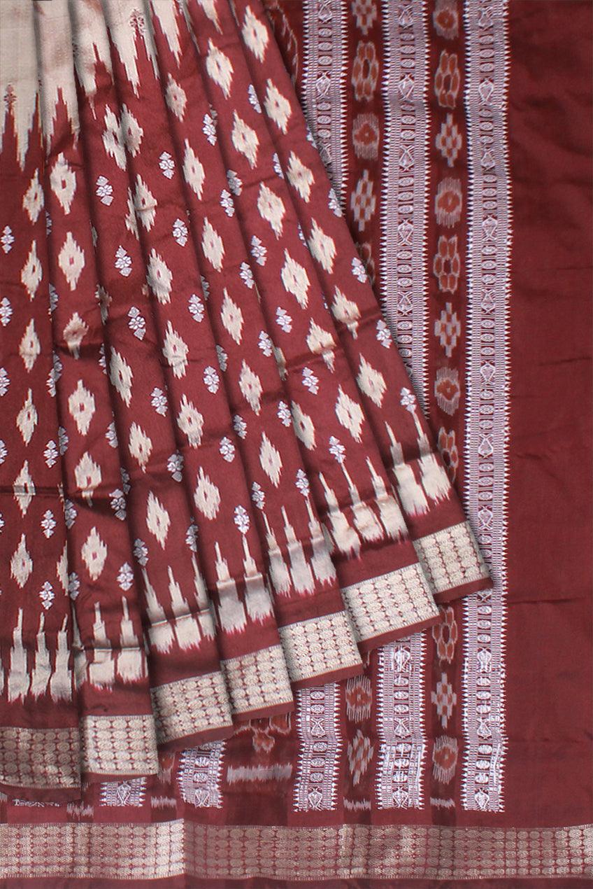 GOLDEN SILVER AND COFFEE COLOR IKAT PATTERN PATA SAREE, AVAILABLE WITH MATCHING BLOUSE PIECE. - Koshali Arts & Crafts Enterprise
