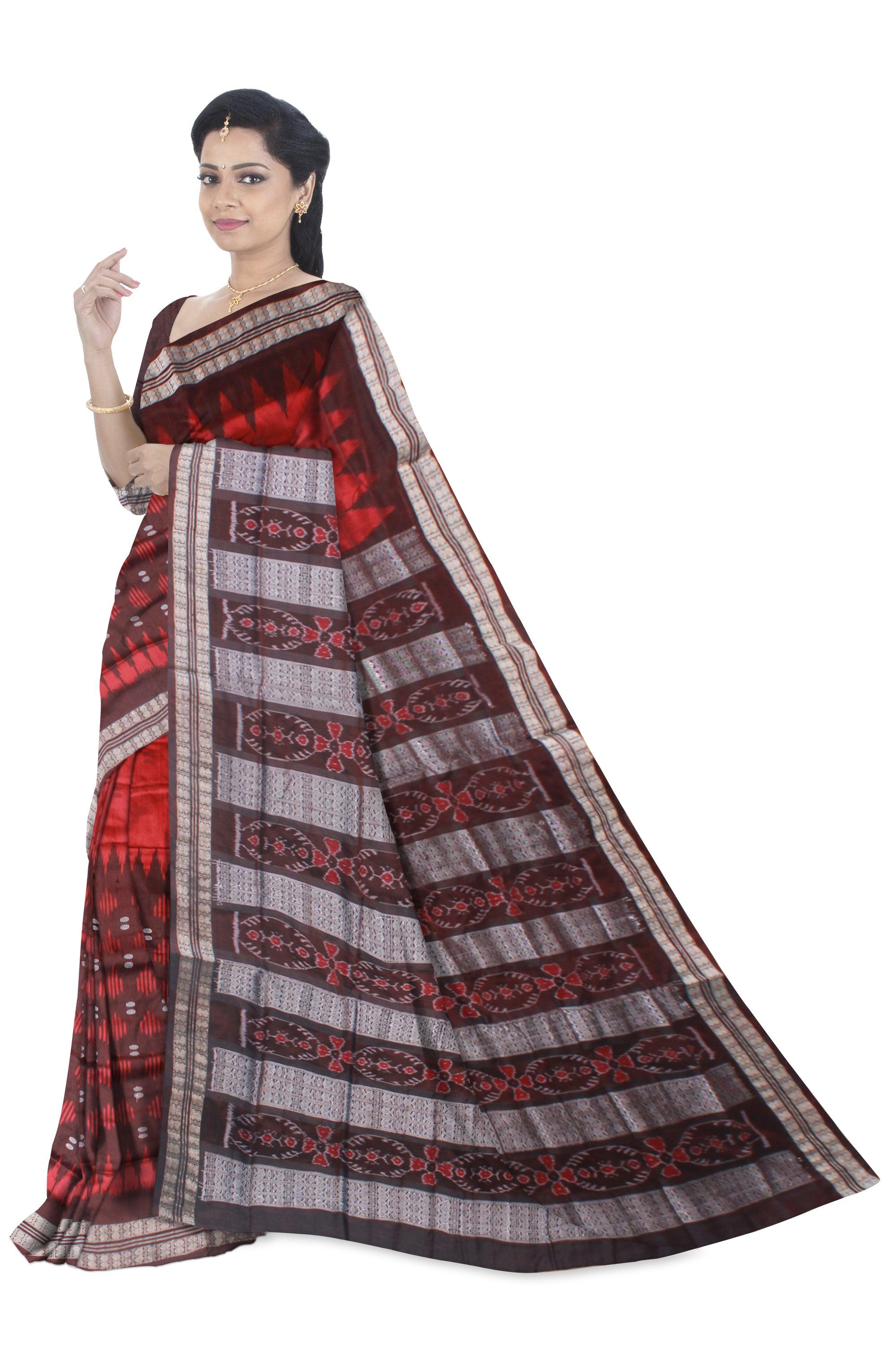 NEW ARRIVAL MAROON AND COFFFEE COLOR IKAT PATTERN PATA SAREE, COMES WITH BLOUSE PIECE. - Koshali Arts & Crafts Enterprise