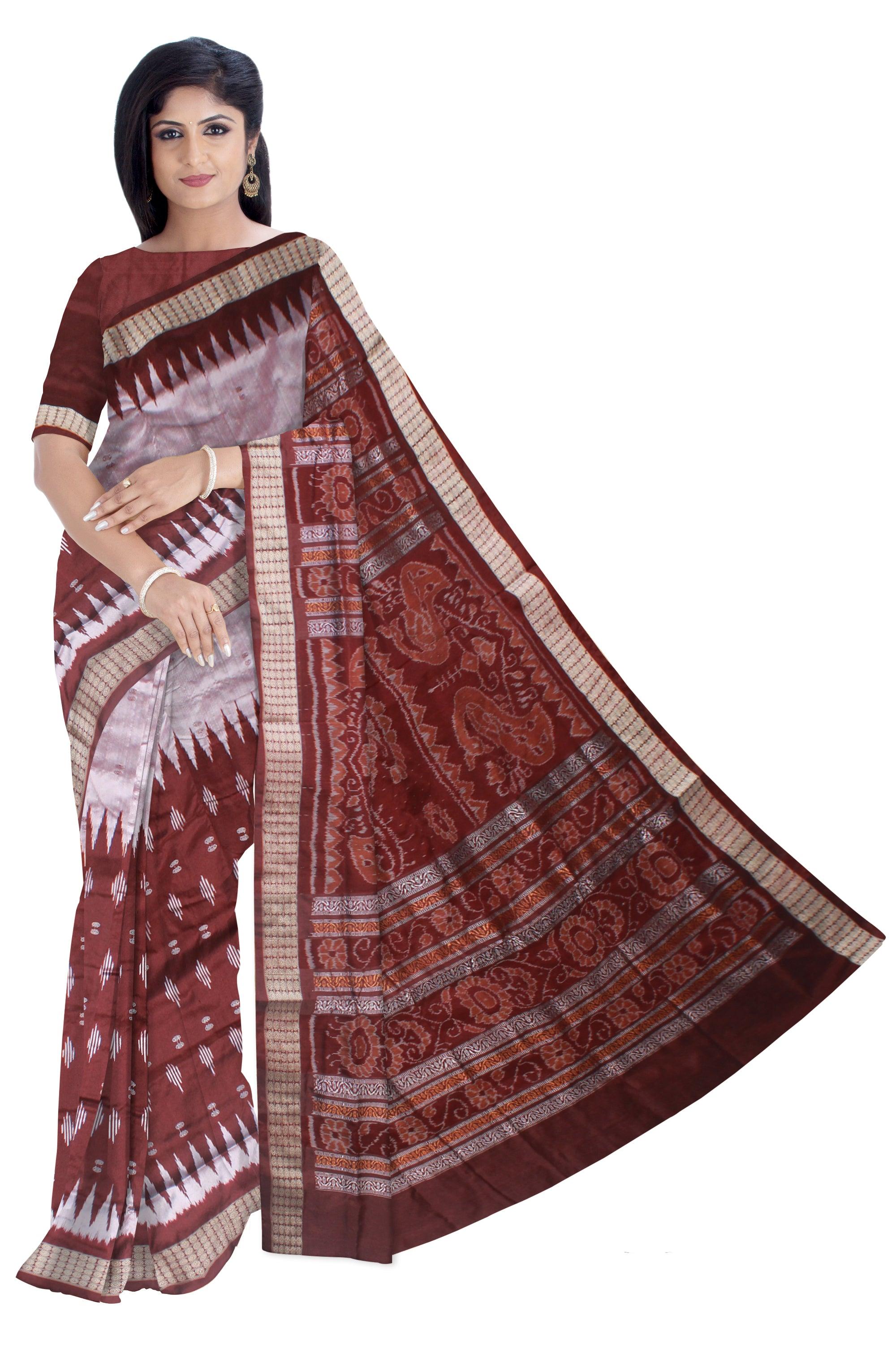 BEAUTIFUL IKAT DESIGN SAMBALPURI PATA SAREE IS SILVERR AND COFFEE COLOR BASE, COMES WITH BLOUSE PIECE. - Koshali Arts & Crafts Enterprise