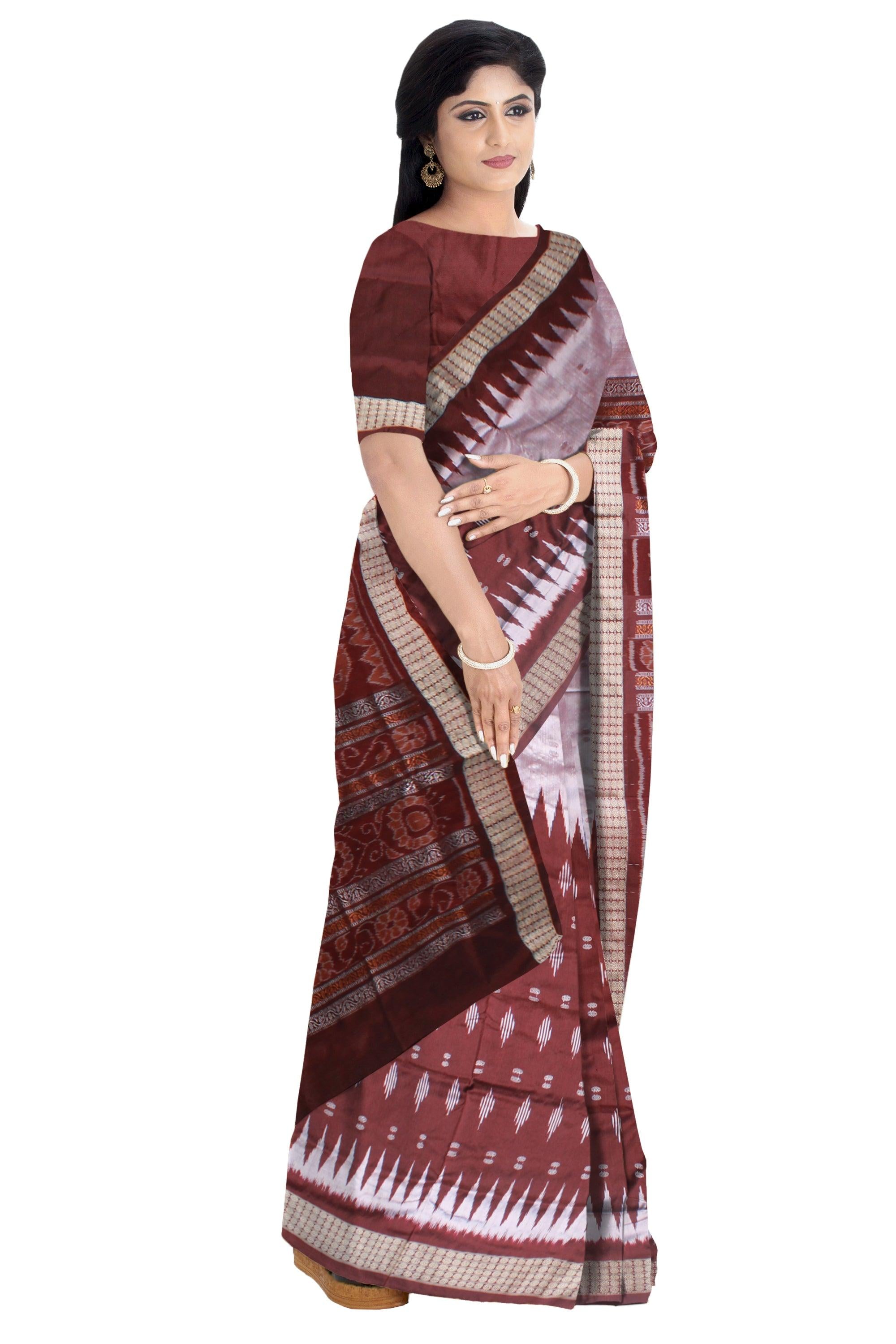 BEAUTIFUL IKAT DESIGN SAMBALPURI PATA SAREE IS SILVERR AND COFFEE COLOR BASE, COMES WITH BLOUSE PIECE. - Koshali Arts & Crafts Enterprise