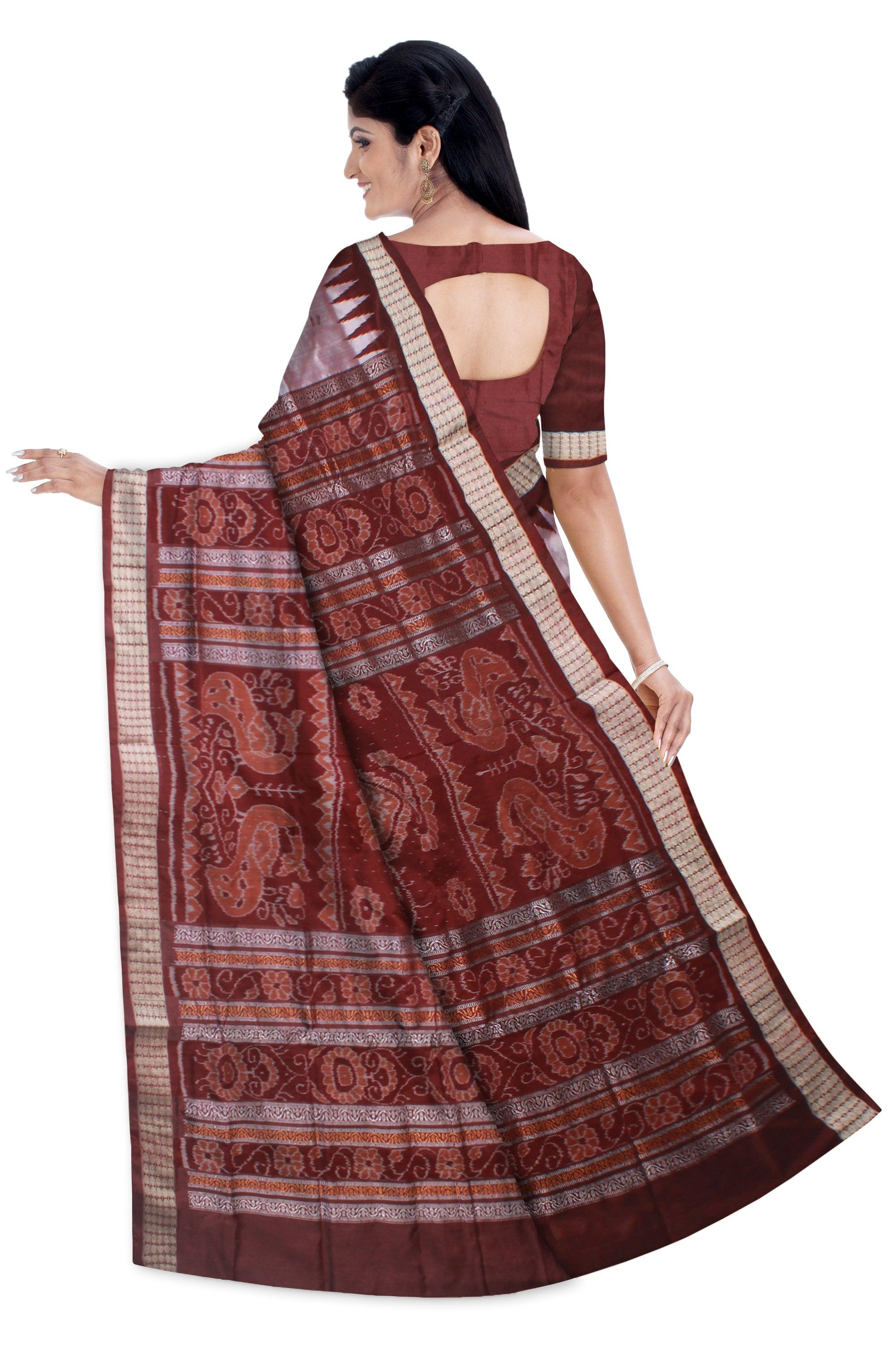 BEAUTIFUL IKAT DESIGN SAMBALPURI PATA SAREE IS SILVERR AND COFFEE COLOR BASE, COMES WITH BLOUSE PIECE. - Koshali Arts & Crafts Enterprise