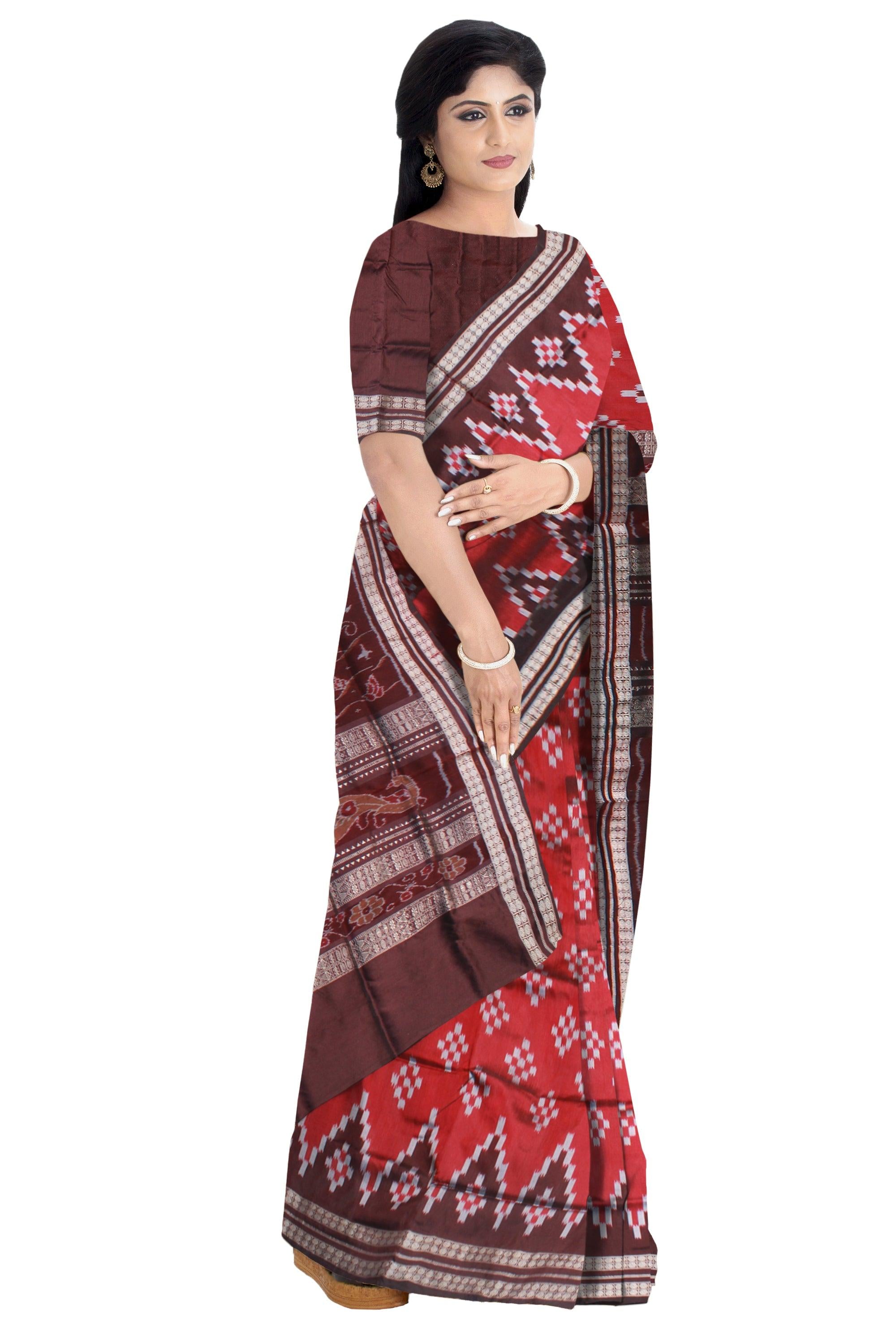 FULL BODY PASAPALI PATTERN SAPTA PATA SAREE IS MAROON AND COFFEE COLOR, WITH MATCHING BLOUSE PIECE. - Koshali Arts & Crafts Enterprise