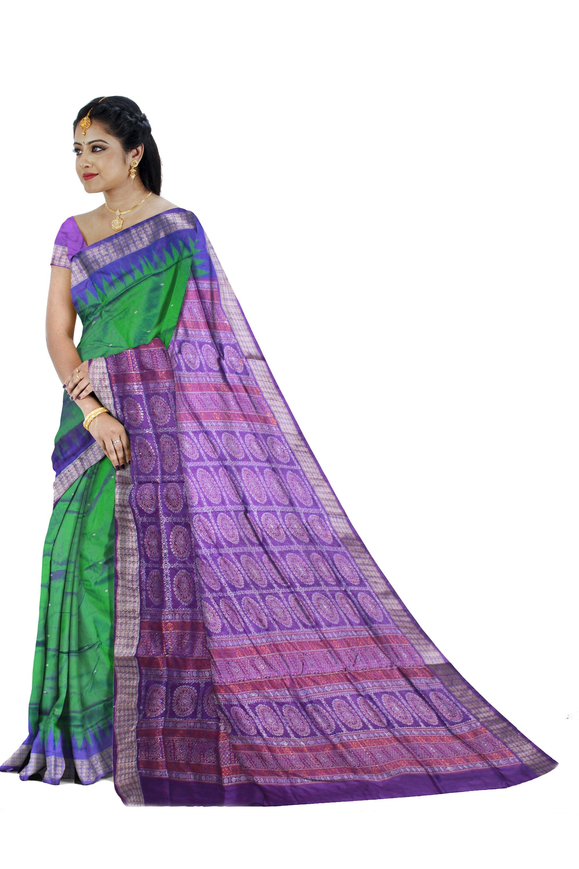 ROYAL GREEN AND PURPLE COLOR BOOTY PATTERN PATA SAREE , ATTACHED WITH BLOUSE PIECE. - Koshali Arts & Crafts Enterprise