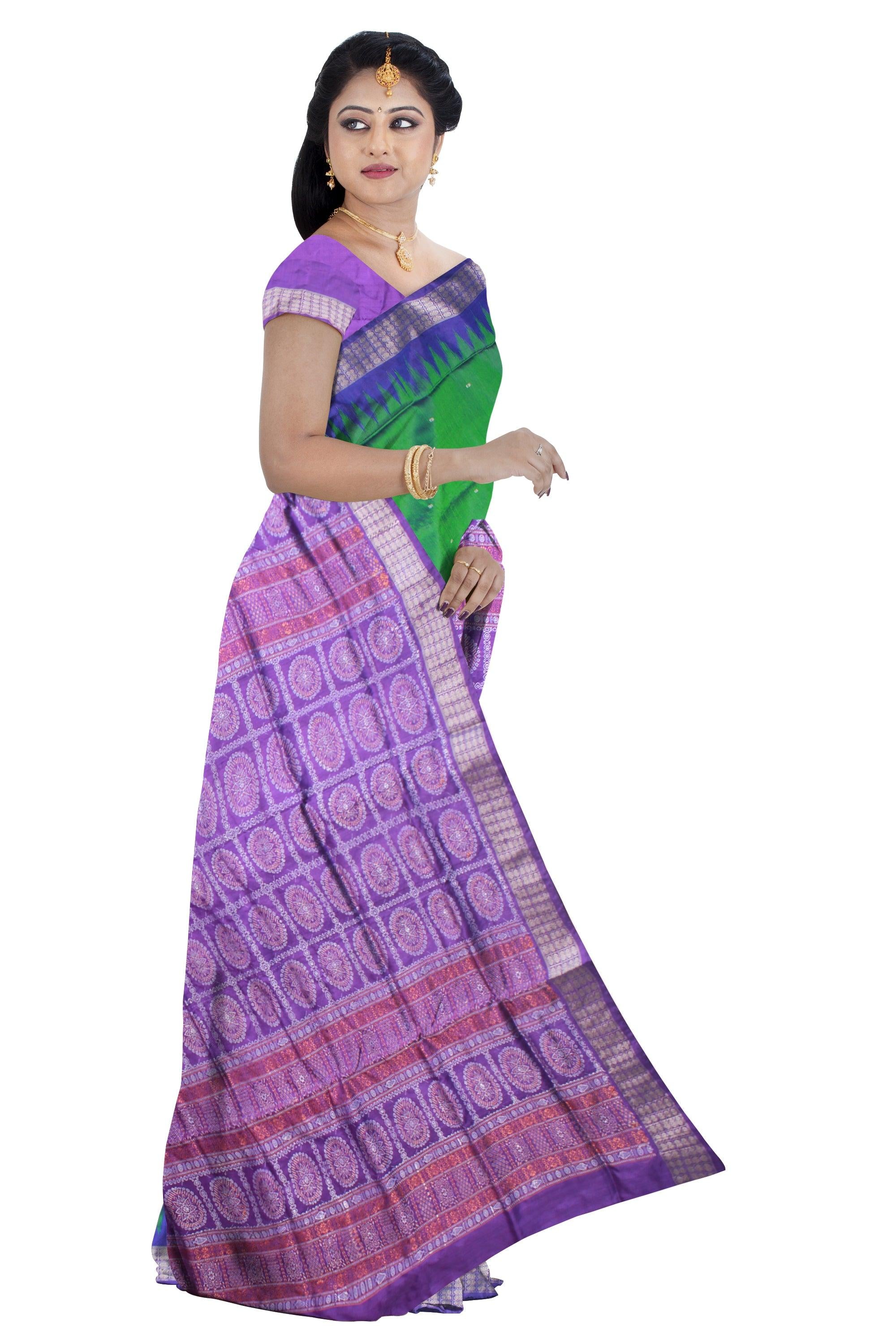 ROYAL GREEN AND PURPLE COLOR BOOTY PATTERN PATA SAREE , ATTACHED WITH BLOUSE PIECE. - Koshali Arts & Crafts Enterprise