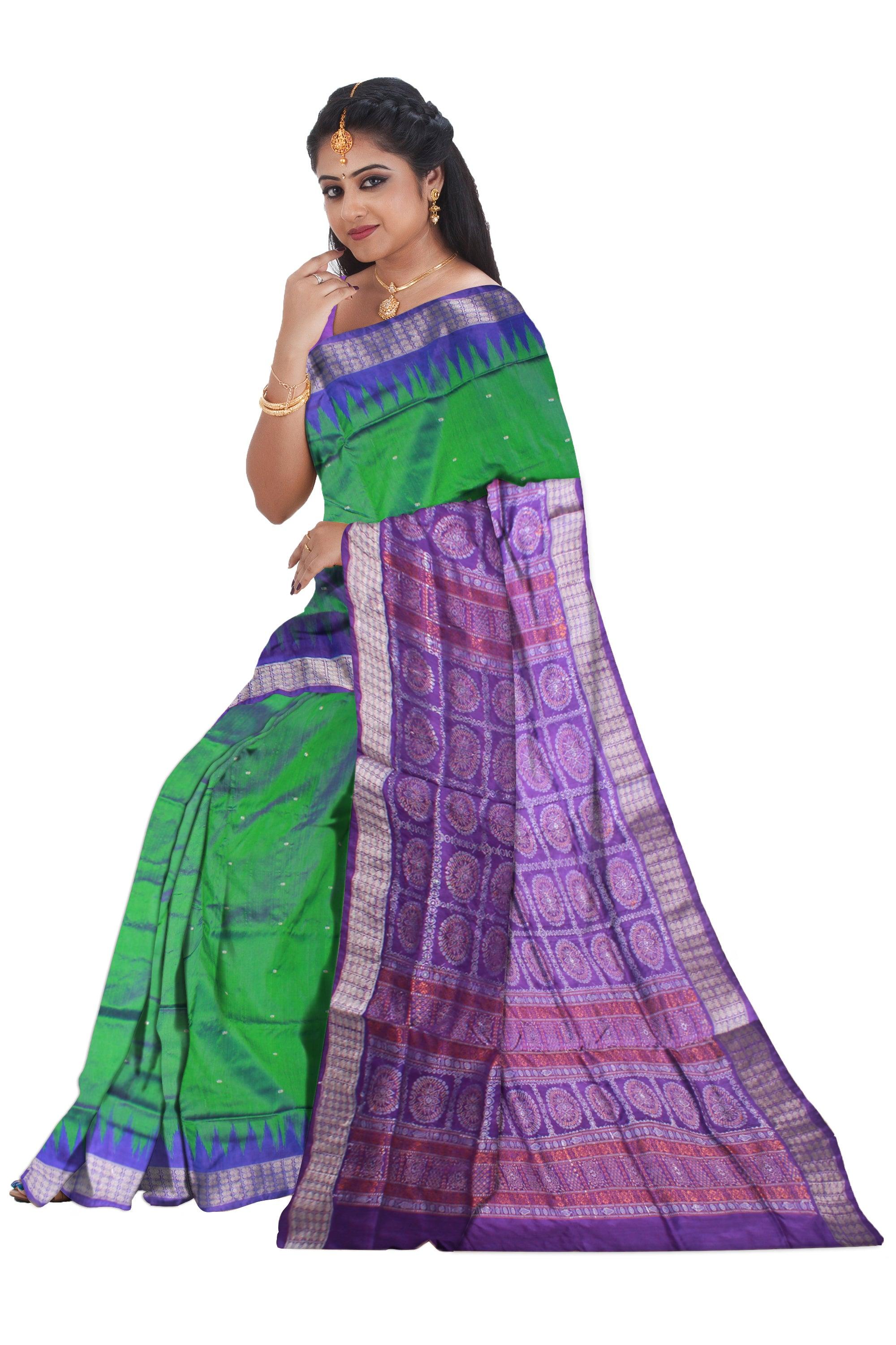 ROYAL GREEN AND PURPLE COLOR BOOTY PATTERN PATA SAREE , ATTACHED WITH BLOUSE PIECE. - Koshali Arts & Crafts Enterprise