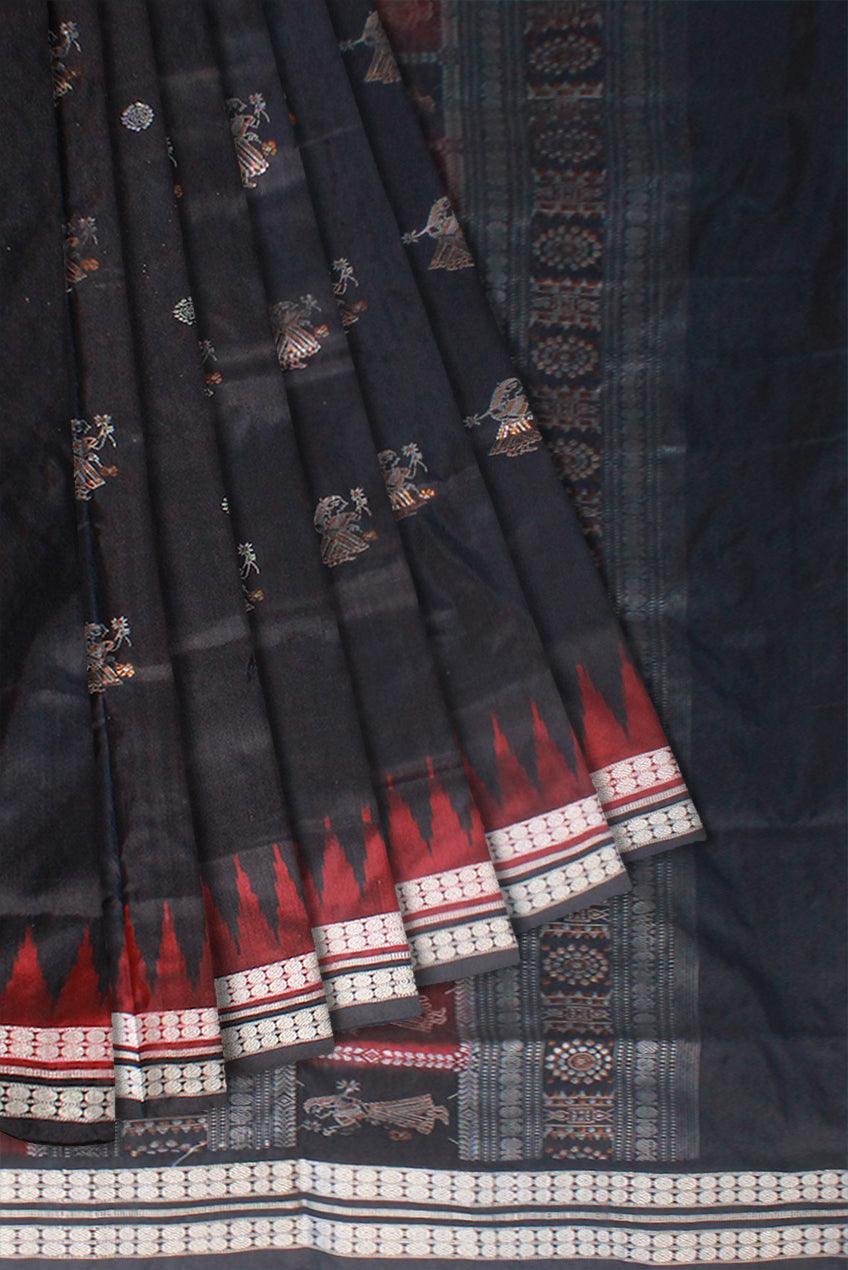 BLACK AND MAROON COLOR DOLL PRINT PATA SAREE , ATTACHED WITH MATCHING BLOUSE PIECE. - Koshali Arts & Crafts Enterprise