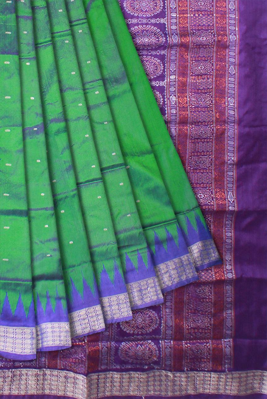 ROYAL GREEN AND PURPLE COLOR BOOTY PATTERN PATA SAREE , ATTACHED WITH BLOUSE PIECE. - Koshali Arts & Crafts Enterprise