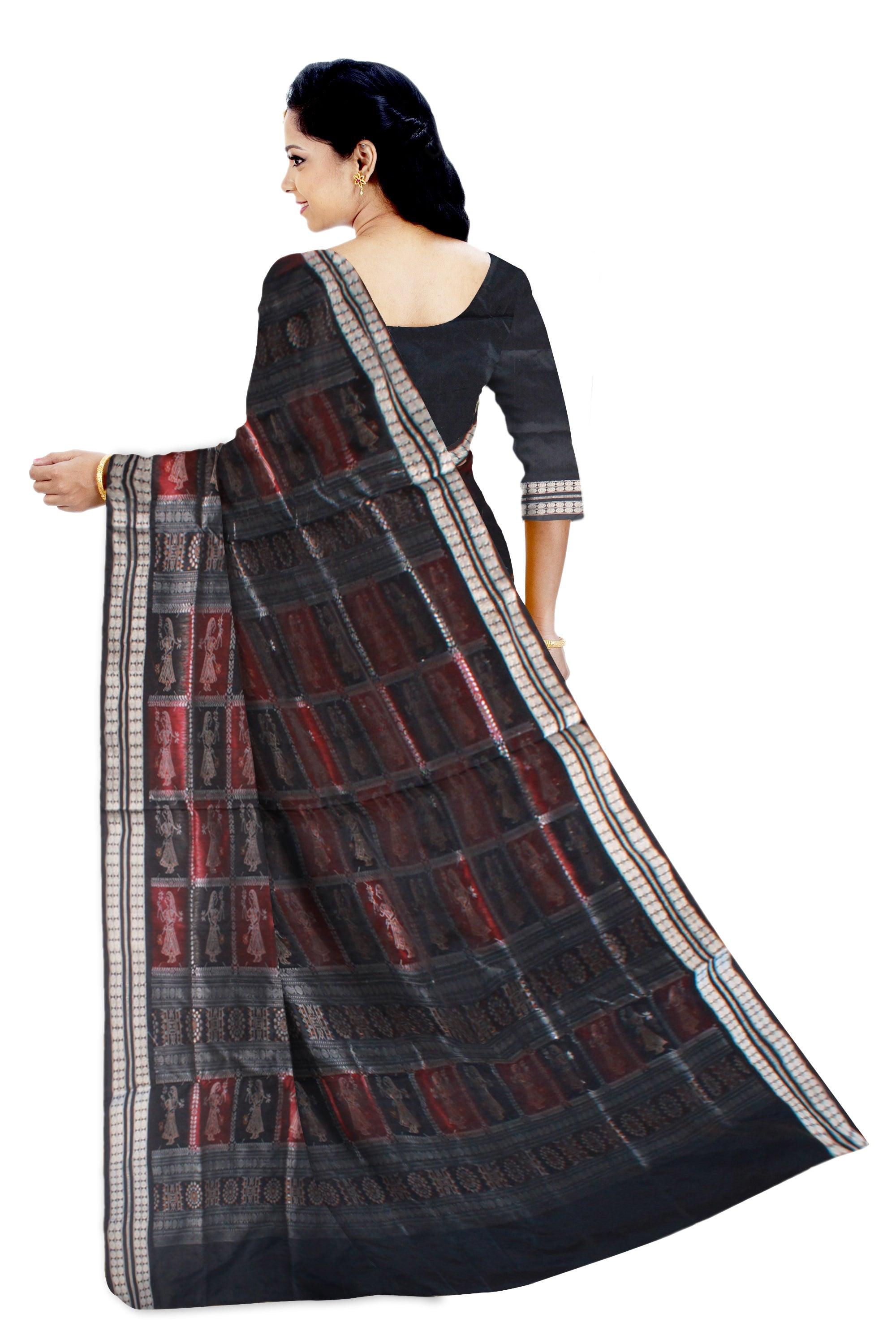 BLACK AND MAROON COLOR DOLL PRINT PATA SAREE , ATTACHED WITH MATCHING BLOUSE PIECE. - Koshali Arts & Crafts Enterprise