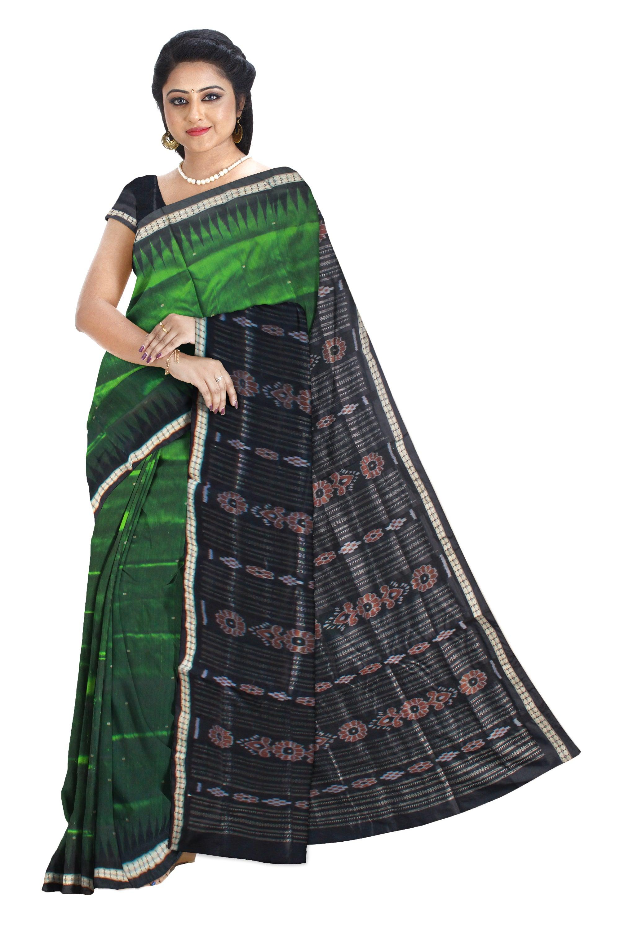 DARK GREEN AND BLACK COLOR BOOTY PATTERN SONEPUR PATA SAREE, ATTACHED WITH BLOUSE PIECE. - Koshali Arts & Crafts Enterprise