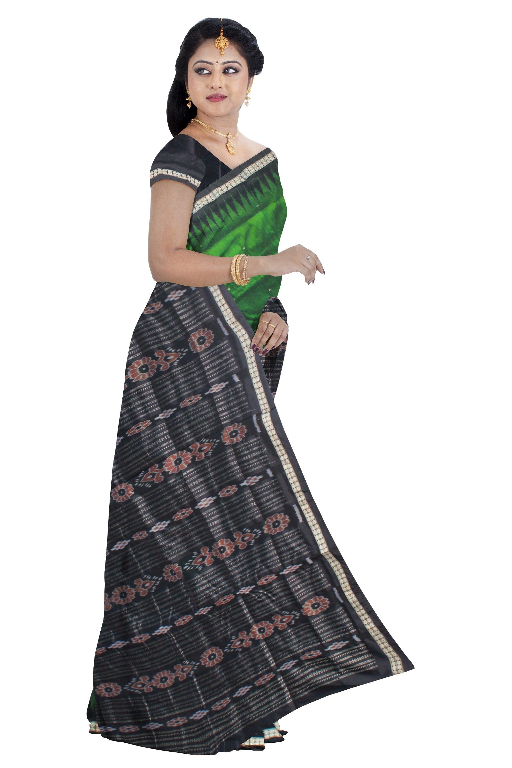 DARK GREEN AND BLACK COLOR BOOTY PATTERN SONEPUR PATA SAREE, ATTACHED WITH BLOUSE PIECE. - Koshali Arts & Crafts Enterprise