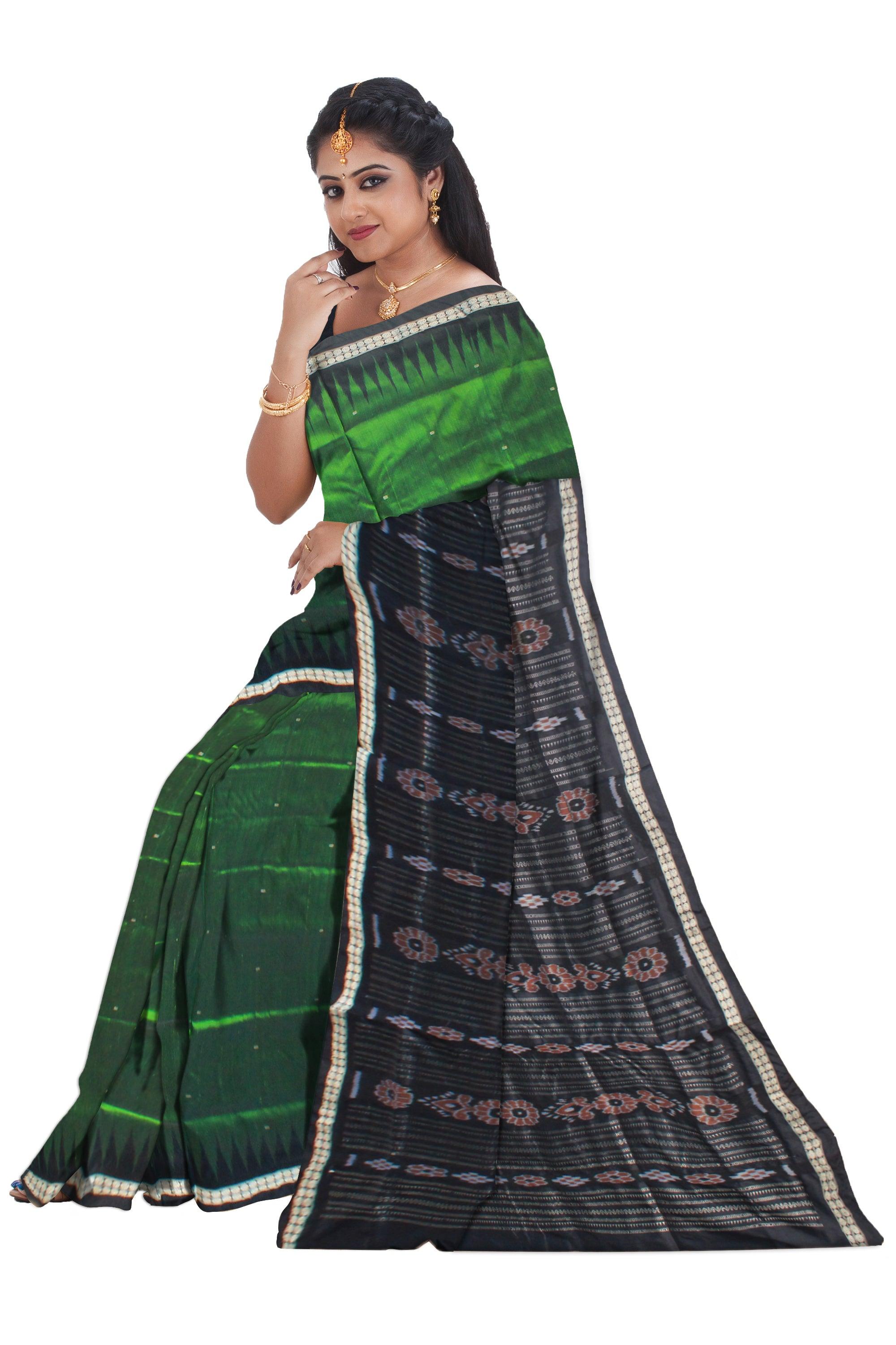 DARK GREEN AND BLACK COLOR BOOTY PATTERN SONEPUR PATA SAREE, ATTACHED WITH BLOUSE PIECE. - Koshali Arts & Crafts Enterprise