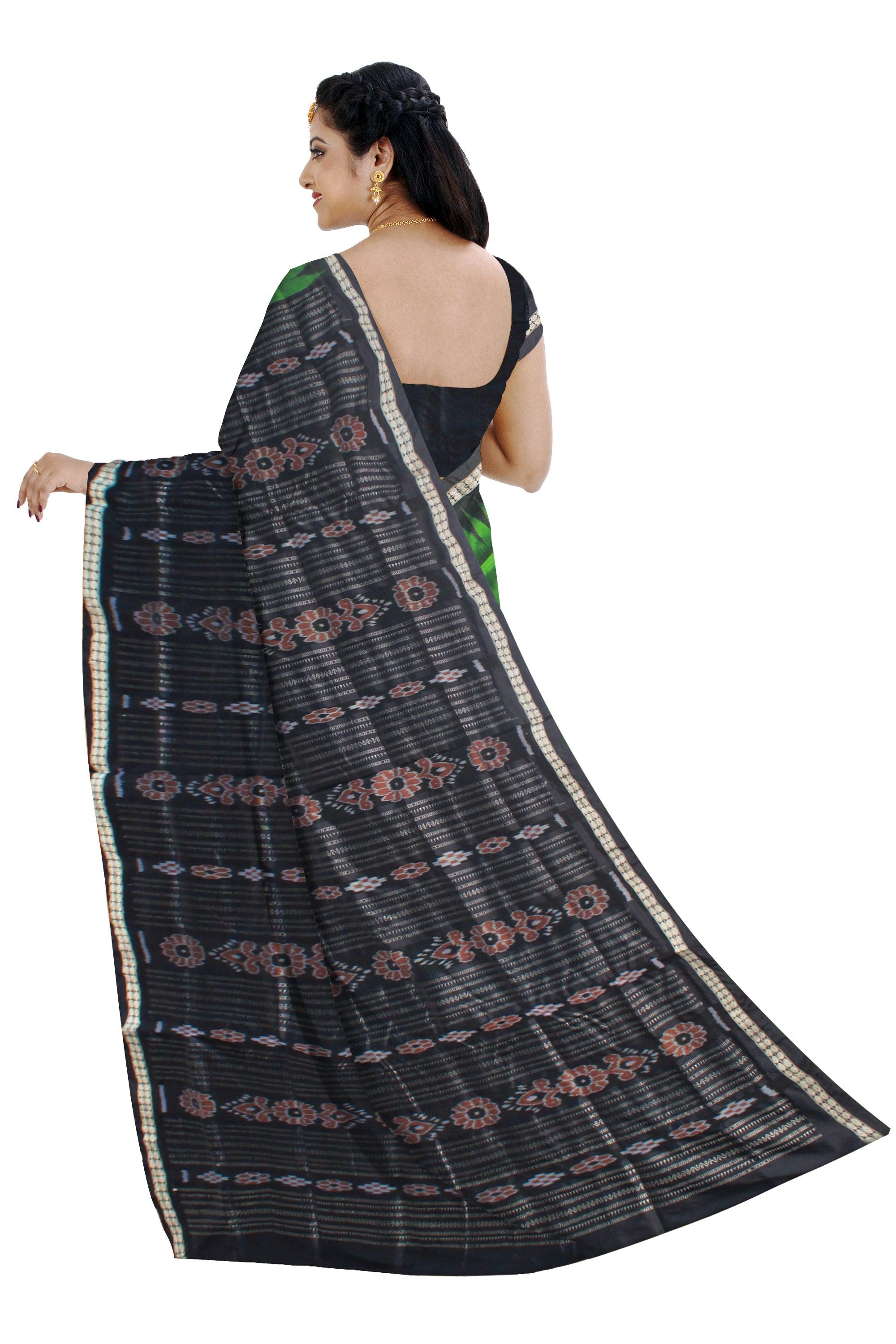DARK GREEN AND BLACK COLOR BOOTY PATTERN SONEPUR PATA SAREE, ATTACHED WITH BLOUSE PIECE. - Koshali Arts & Crafts Enterprise