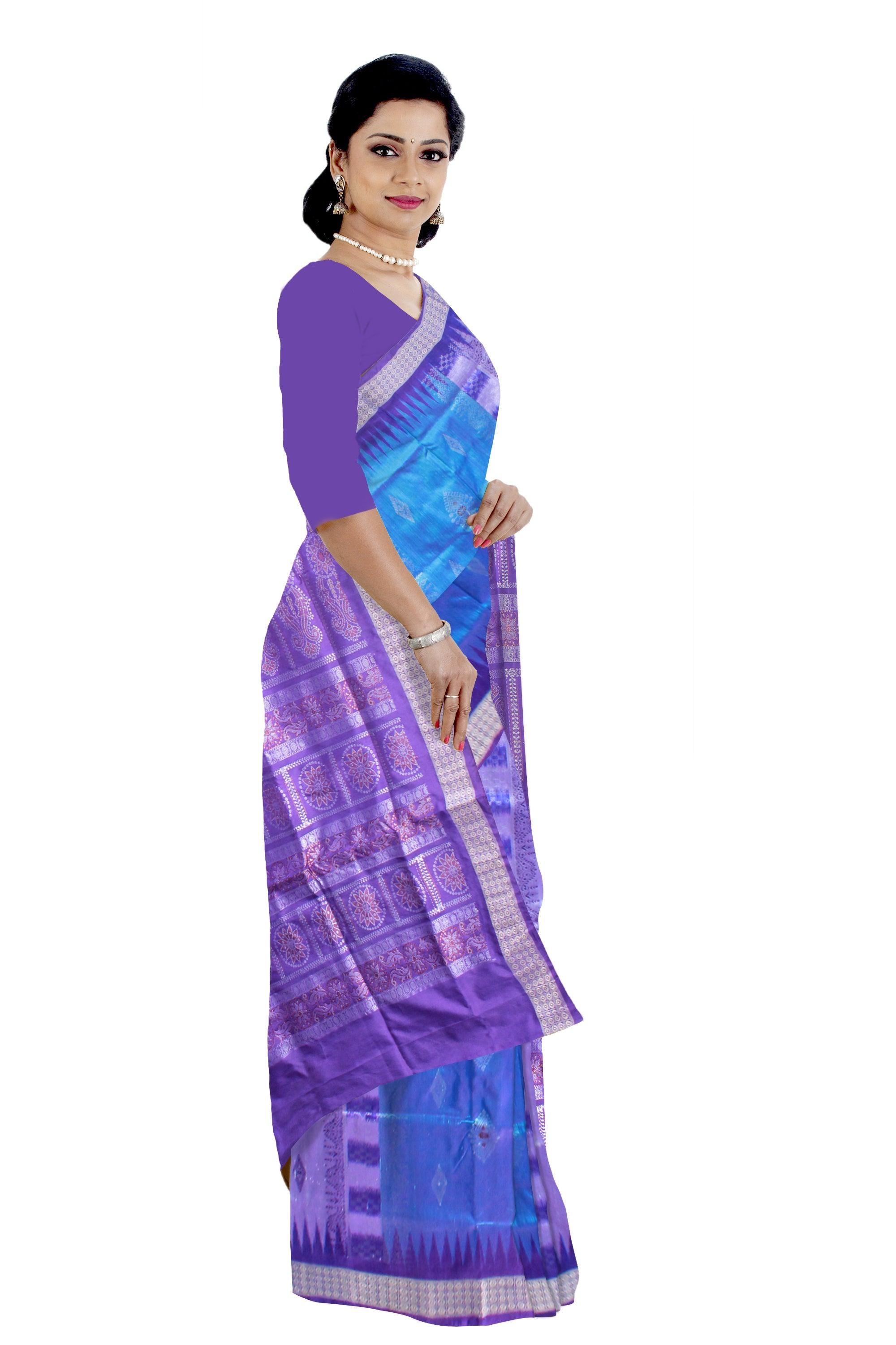 A BOMKEI PATA SAREE IS LIGHT SKY , BLUE AND SILVER COLOR  , ATTACHED WITH SKY BLOUSE PIECE. - Koshali Arts & Crafts Enterprise