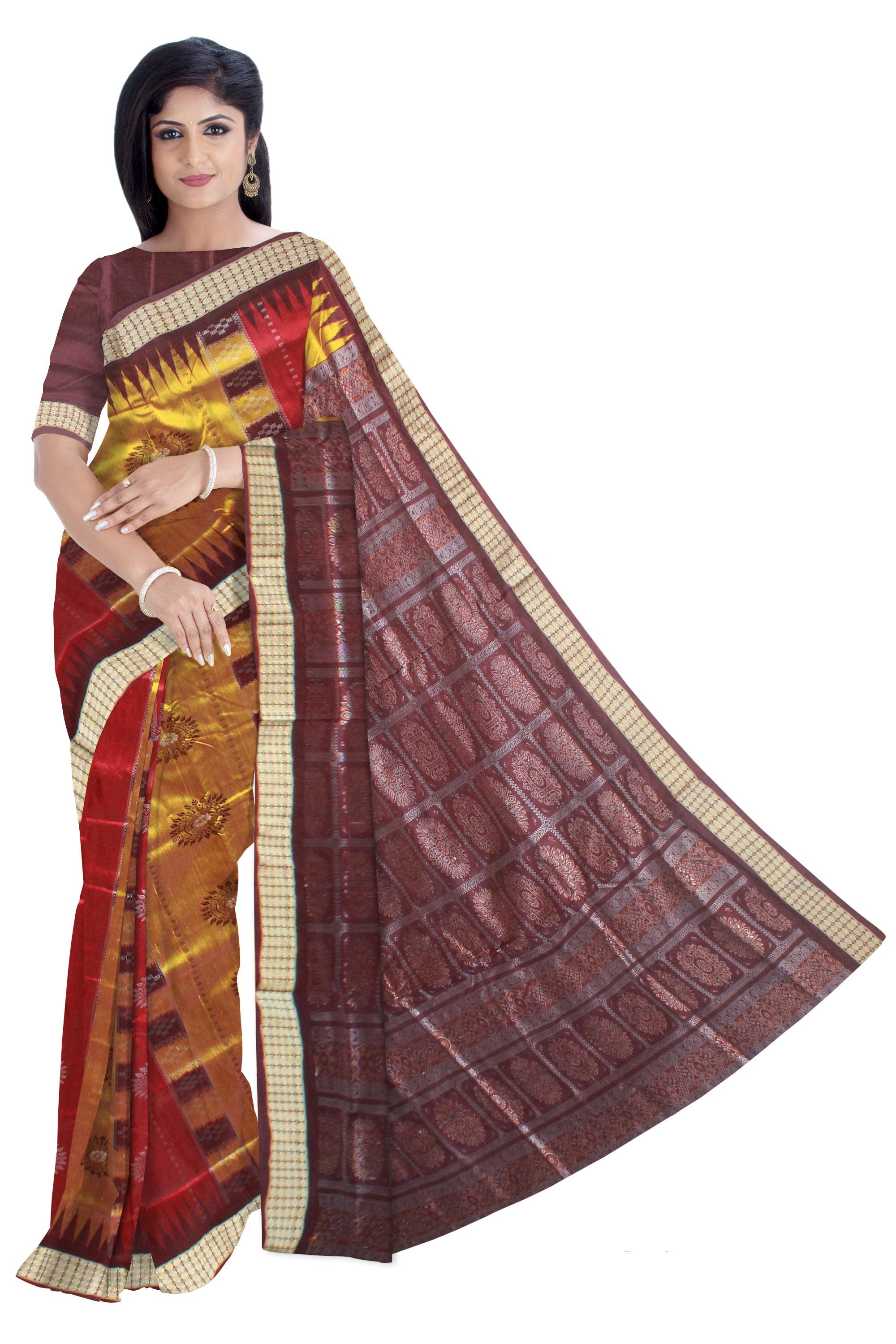 PASAPALI BOMKEI PATA SAREE IN YELLOW AND MAROON COLOR BASE, WITH MATCHING BLOUSE PIECE. - Koshali Arts & Crafts Enterprise