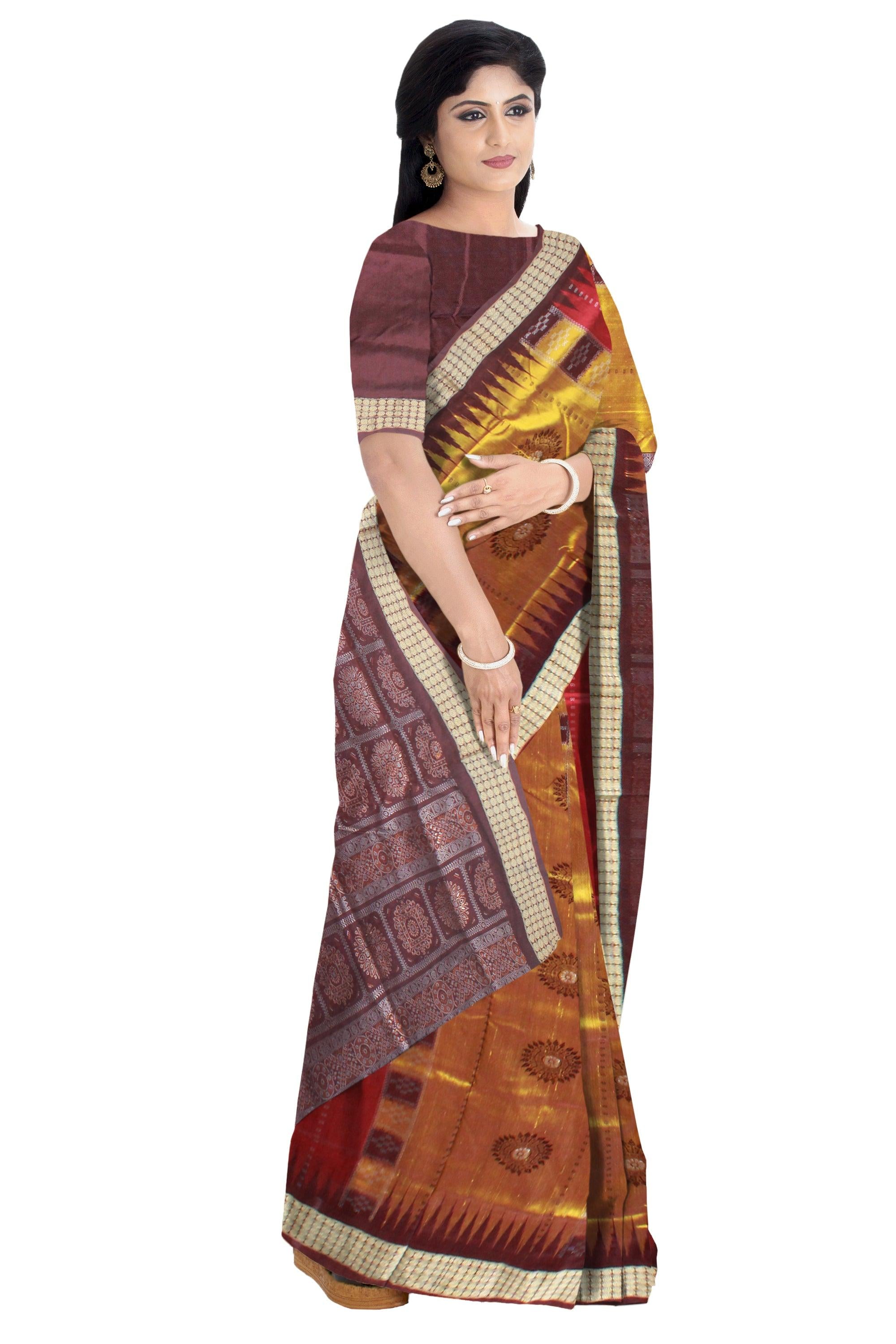 PASAPALI BOMKEI PATA SAREE IN YELLOW AND MAROON COLOR BASE, WITH MATCHING BLOUSE PIECE. - Koshali Arts & Crafts Enterprise