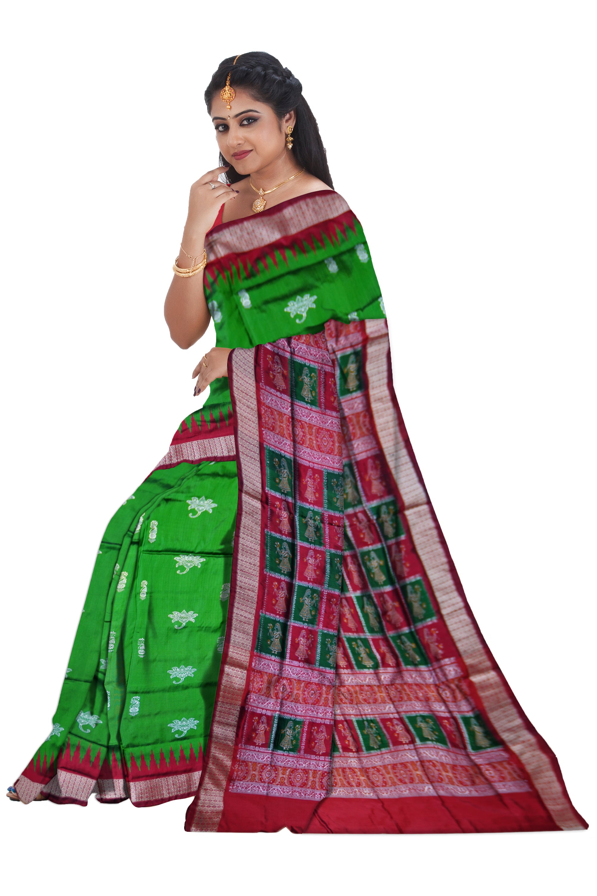 BEAUTIFUL LOTUS PATTERN PATA SAREE IS GREEN AND MAROON COLOR BASE,ATTACHED WITH MATCHING BLOUSE PIECE. - Koshali Arts & Crafts Enterprise