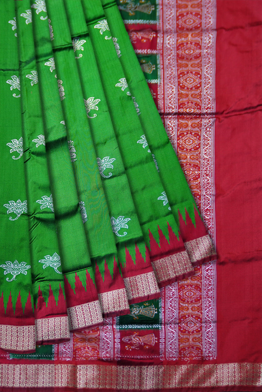 BEAUTIFUL LOTUS PATTERN PATA SAREE IS GREEN AND MAROON COLOR BASE,ATTACHED WITH MATCHING BLOUSE PIECE. - Koshali Arts & Crafts Enterprise
