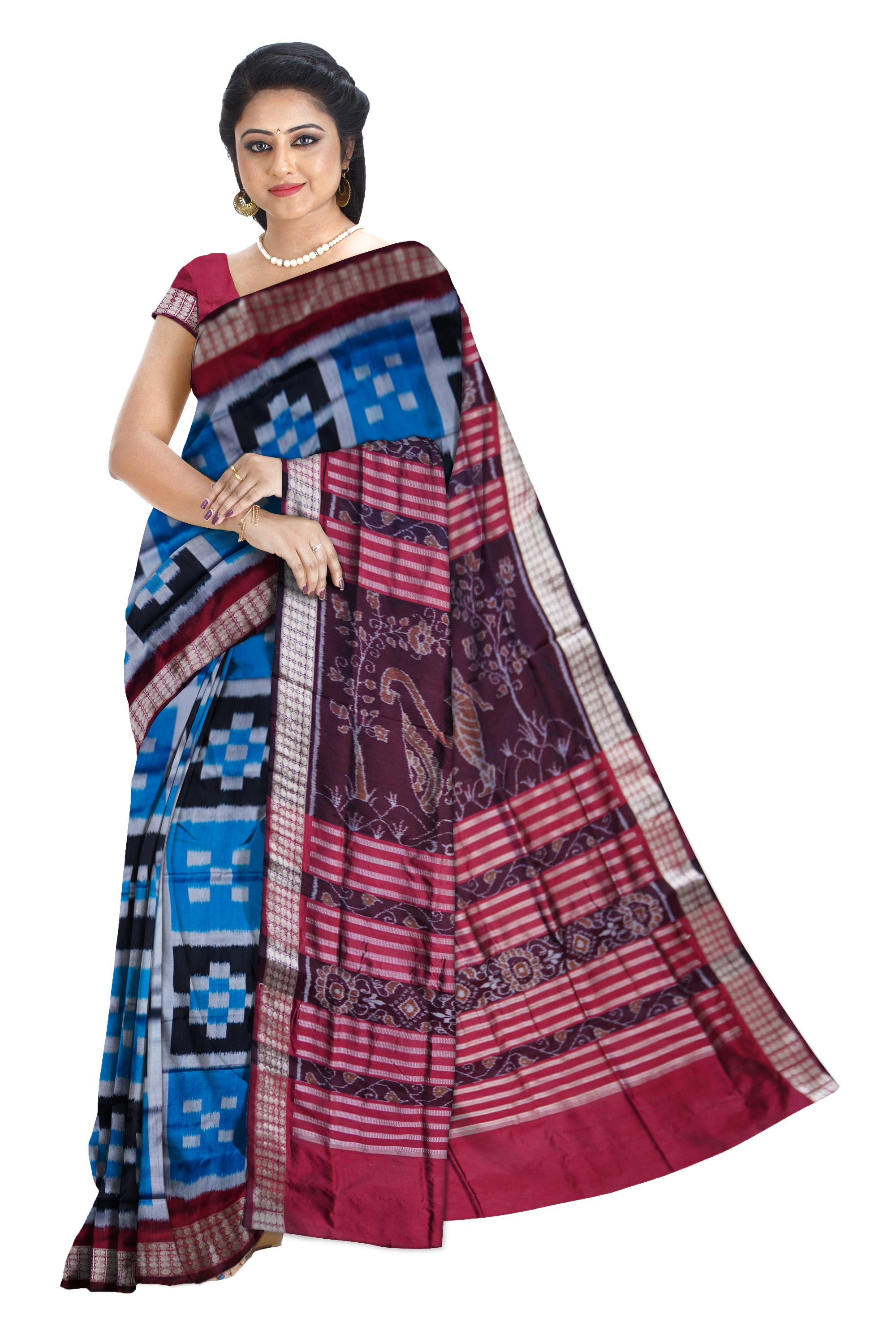 SKY,BLACK AND MAROON COLOR PASAPALI PATTERN PATA SAREE, WITH MATCHING BLOUSE PIECE. - Koshali Arts & Crafts Enterprise