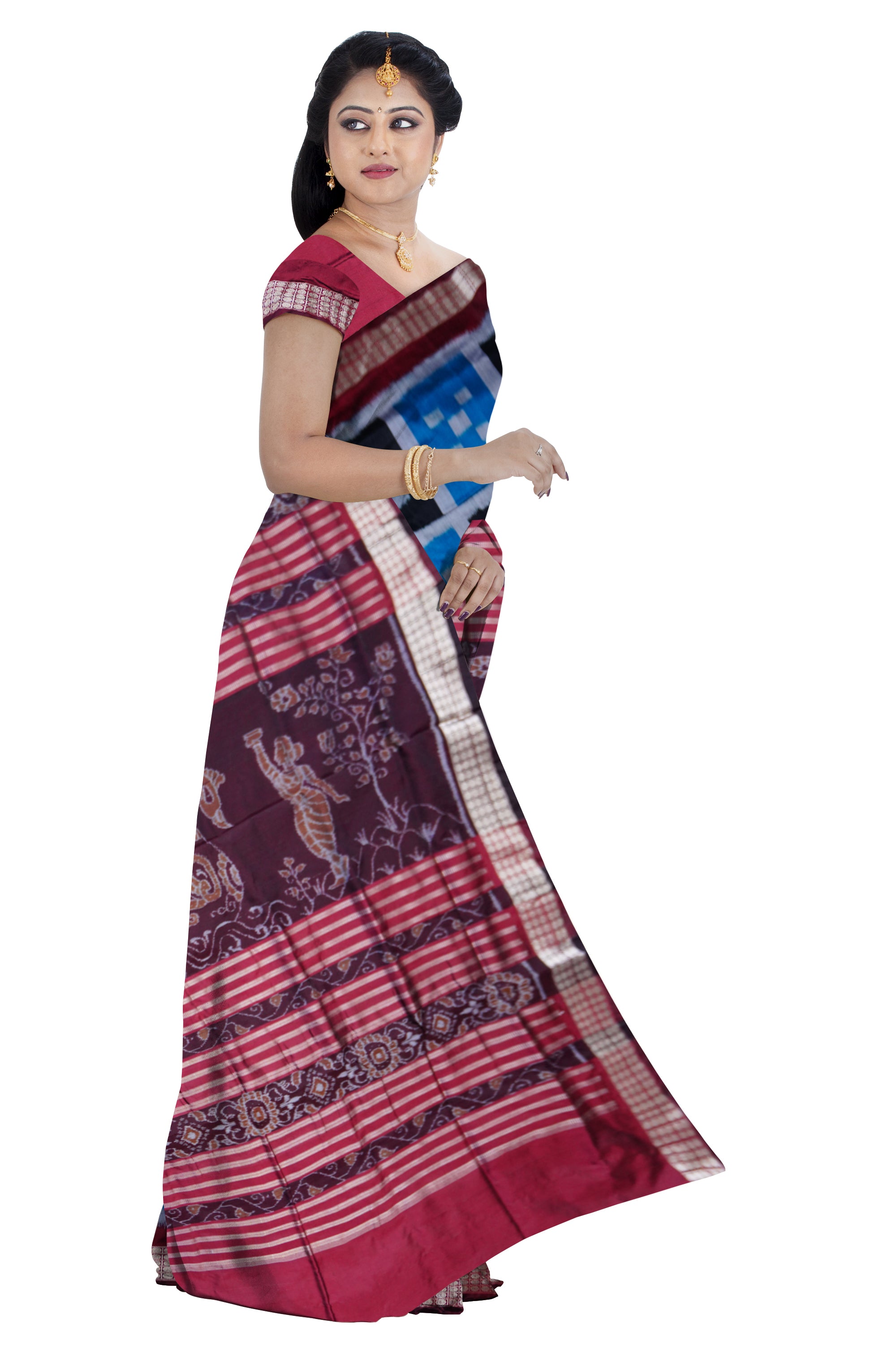SKY,BLACK AND MAROON COLOR PASAPALI PATTERN PATA SAREE, WITH MATCHING BLOUSE PIECE. - Koshali Arts & Crafts Enterprise