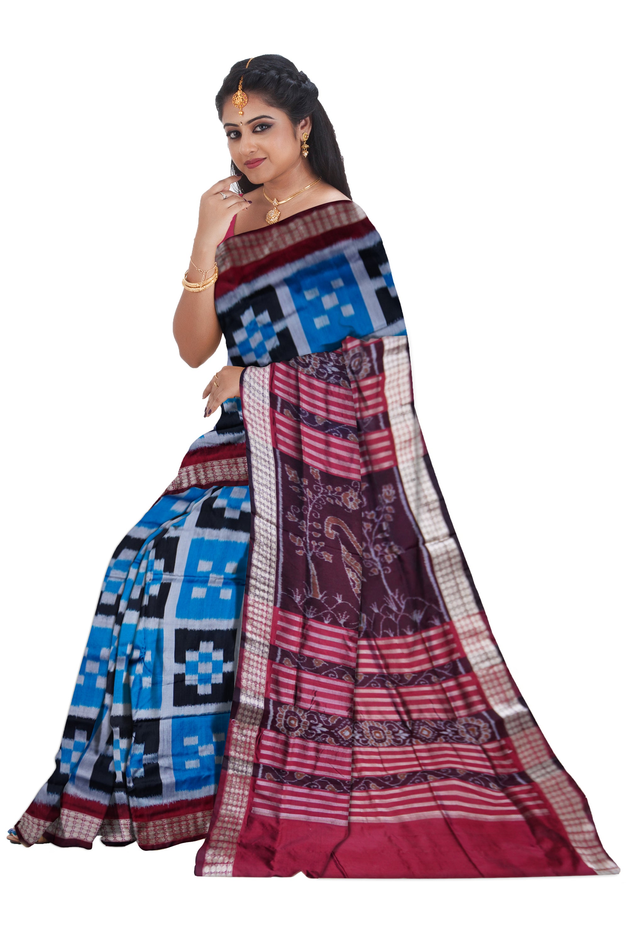SKY,BLACK AND MAROON COLOR PASAPALI PATTERN PATA SAREE, WITH MATCHING BLOUSE PIECE. - Koshali Arts & Crafts Enterprise