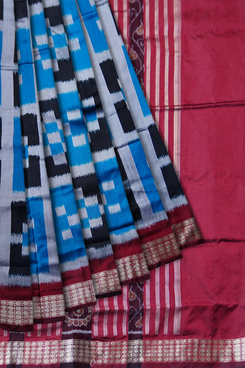 SKY,BLACK AND MAROON COLOR PASAPALI PATTERN PATA SAREE, WITH MATCHING BLOUSE PIECE. - Koshali Arts & Crafts Enterprise