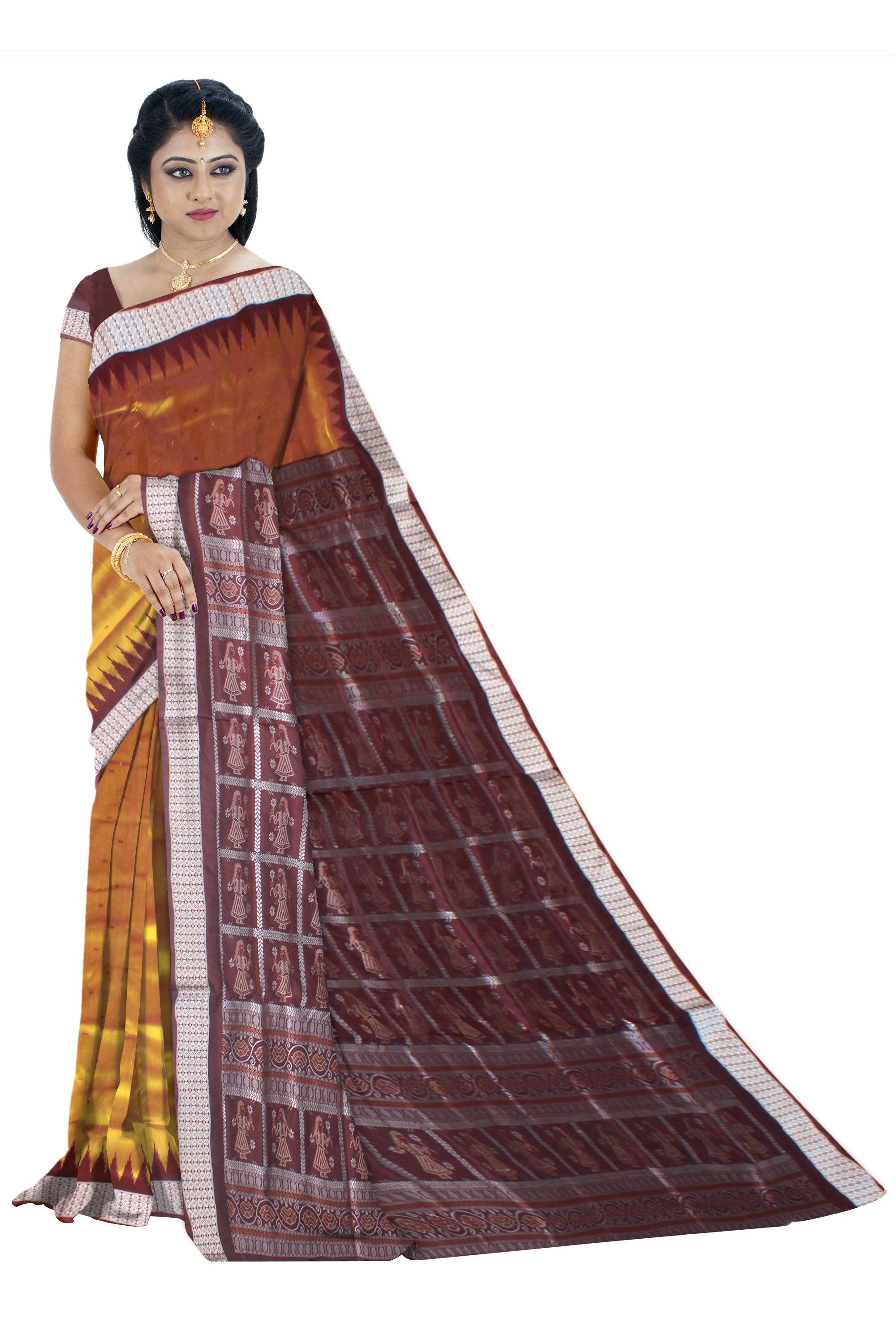 SMALL BOOTY PATTERN PATA SAREE IS YELLOW AND MAROON COLOR BASE, COMES WITH BLOUSE PIECE. - Koshali Arts & Crafts Enterprise
