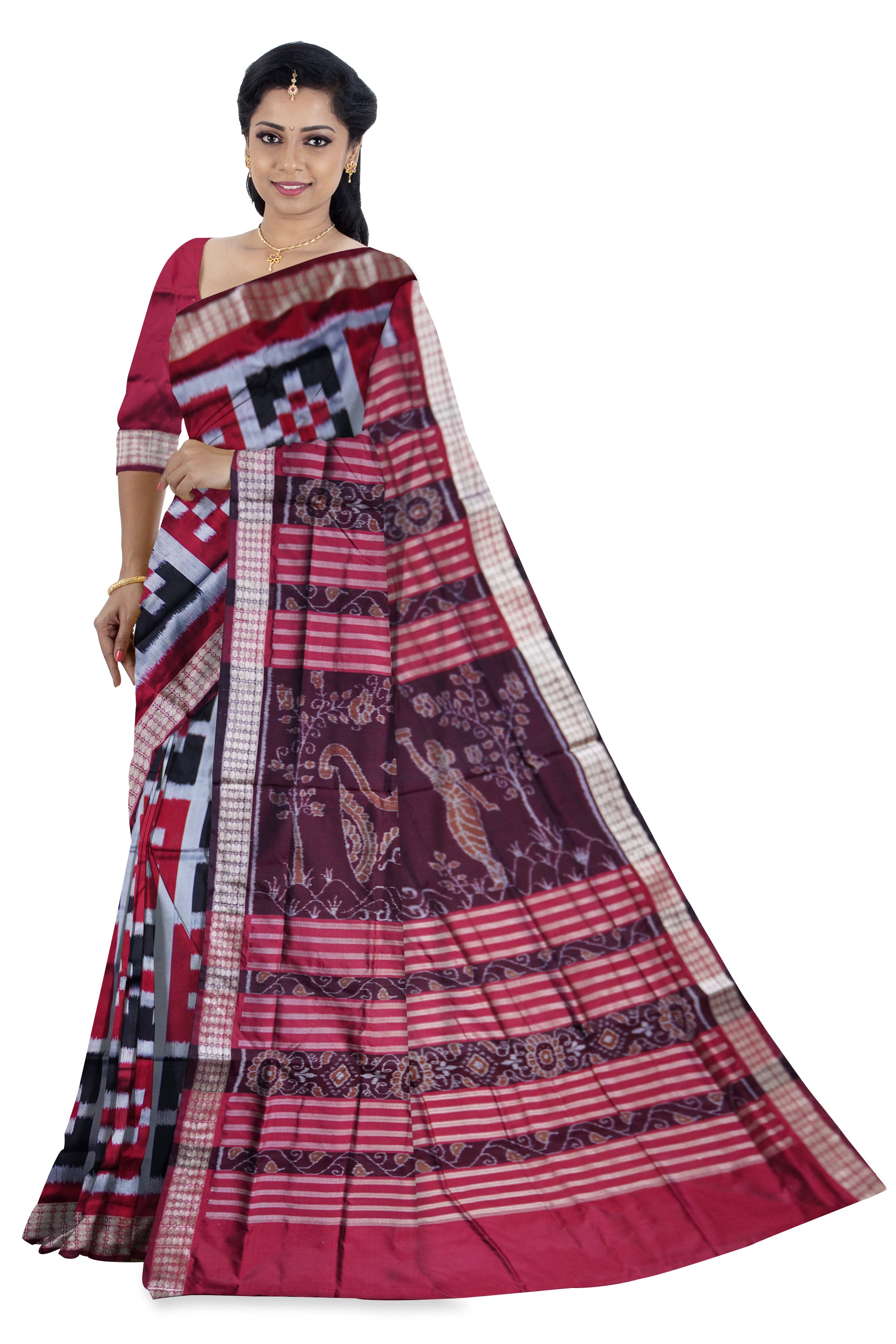 FULL BODY PASAPALI PATTERN PATA SAREE IS MAROON AND BLACK COLOR BASE,COMES WITH MATCHING BLOUSE PIECE. - Koshali Arts & Crafts Enterprise