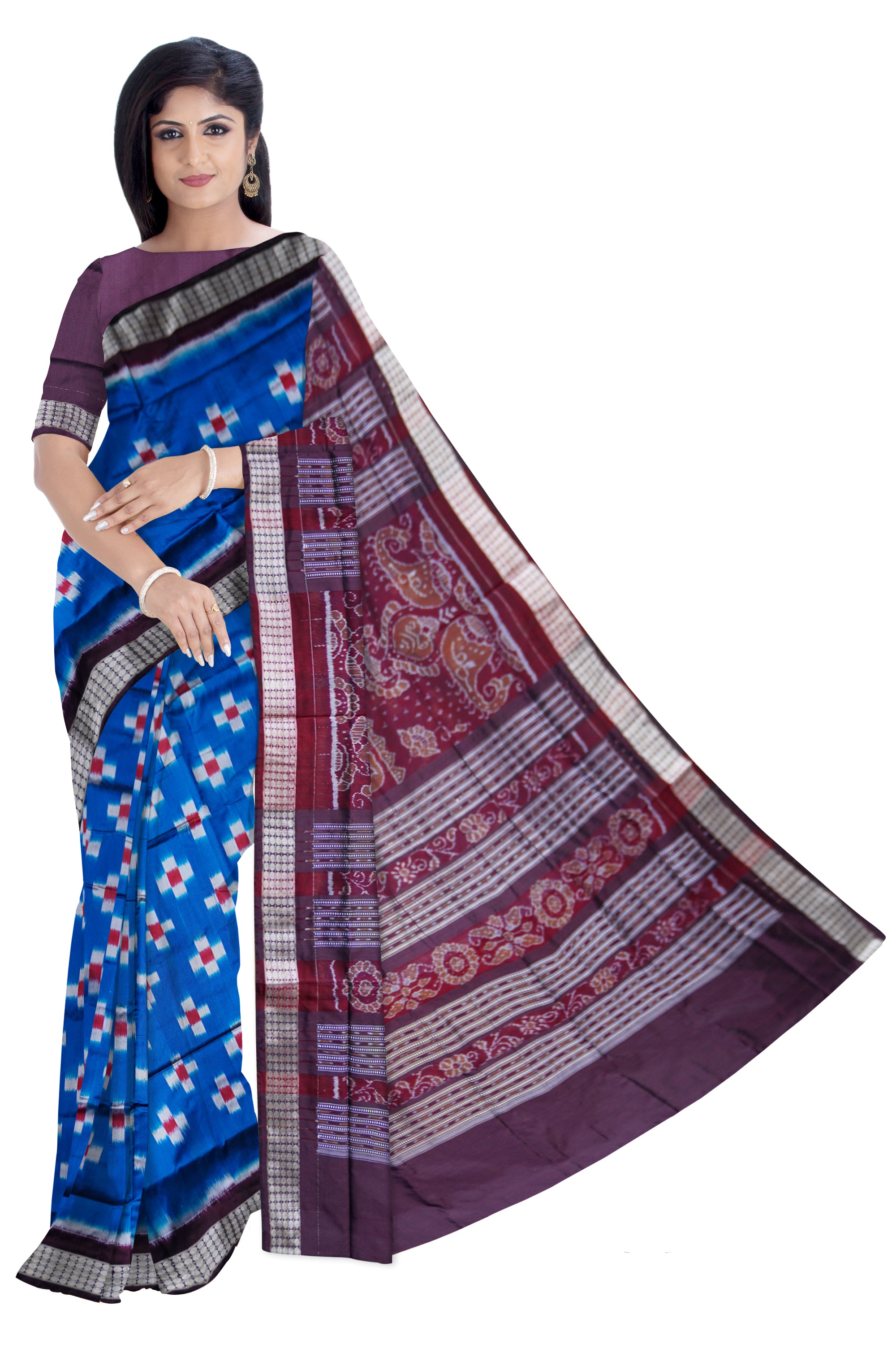 BLUE AND COFFEE COLOR TARA PATERN PATA SAREE ,WITH MATCHING BLOUSE PIECE. - Koshali Arts & Crafts Enterprise