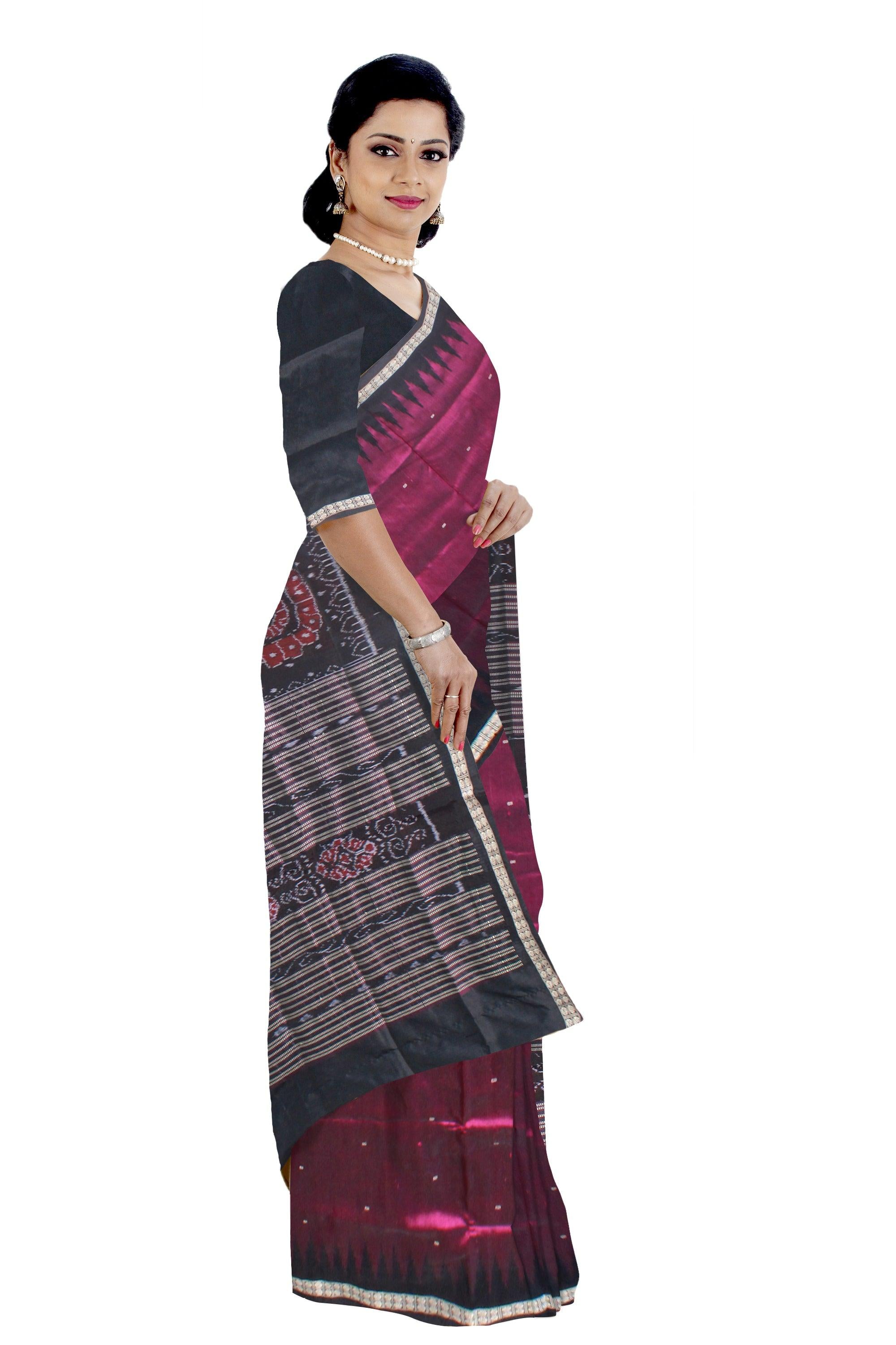 DEEP PINK AND BLACK COLOR BOOTY PATTERN SONEPUR PATA SAREE, WITH BLOUSE PIECE. - Koshali Arts & Crafts Enterprise