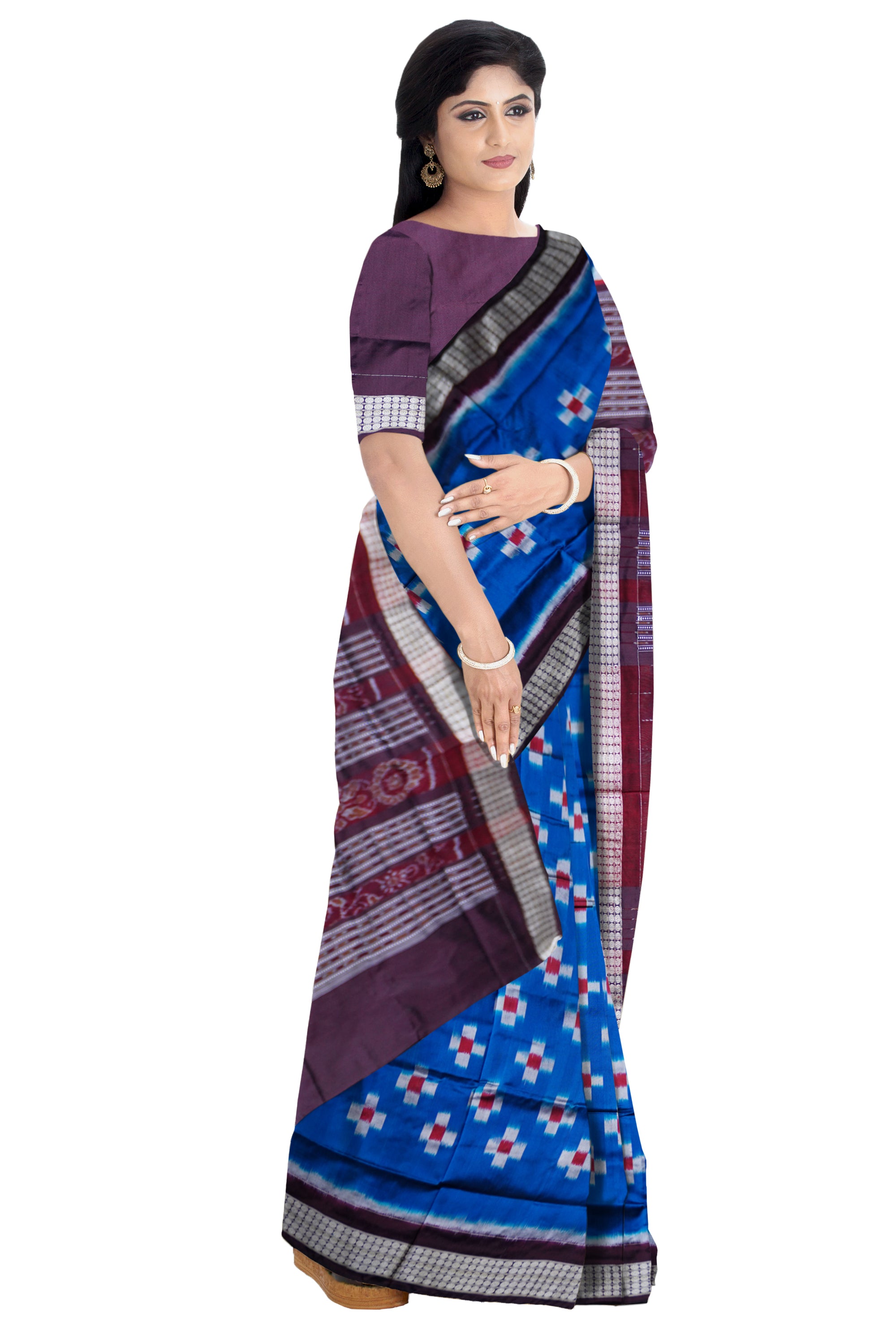 BLUE AND COFFEE COLOR TARA PATERN PATA SAREE ,WITH MATCHING BLOUSE PIECE. - Koshali Arts & Crafts Enterprise