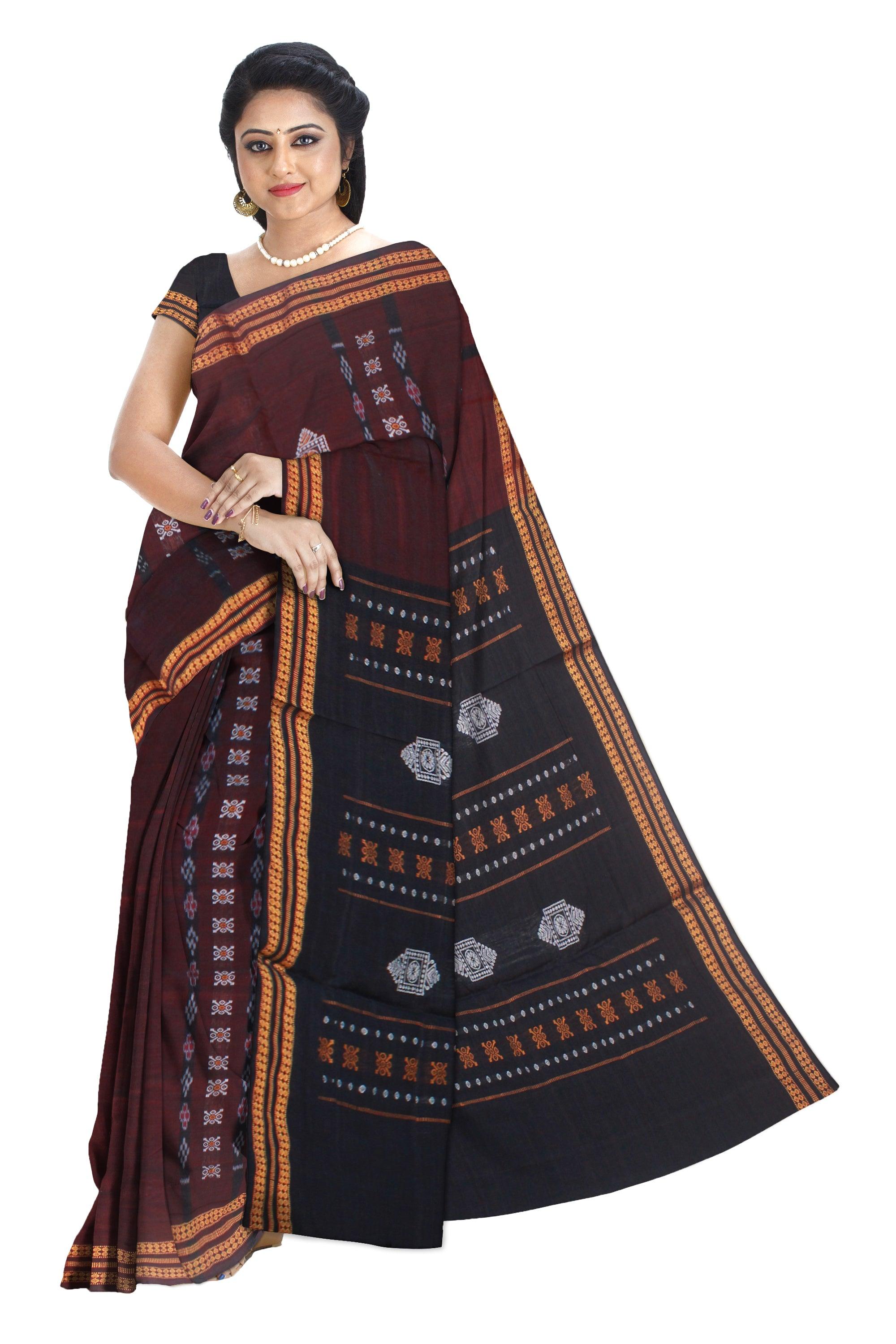 SAMBALPURI BOMKEI PATTERN FLOWER PRINT COTTON SAREE IN DARK BROWN COLOR WITH BLOUSE PIECE. - Koshali Arts & Crafts Enterprise